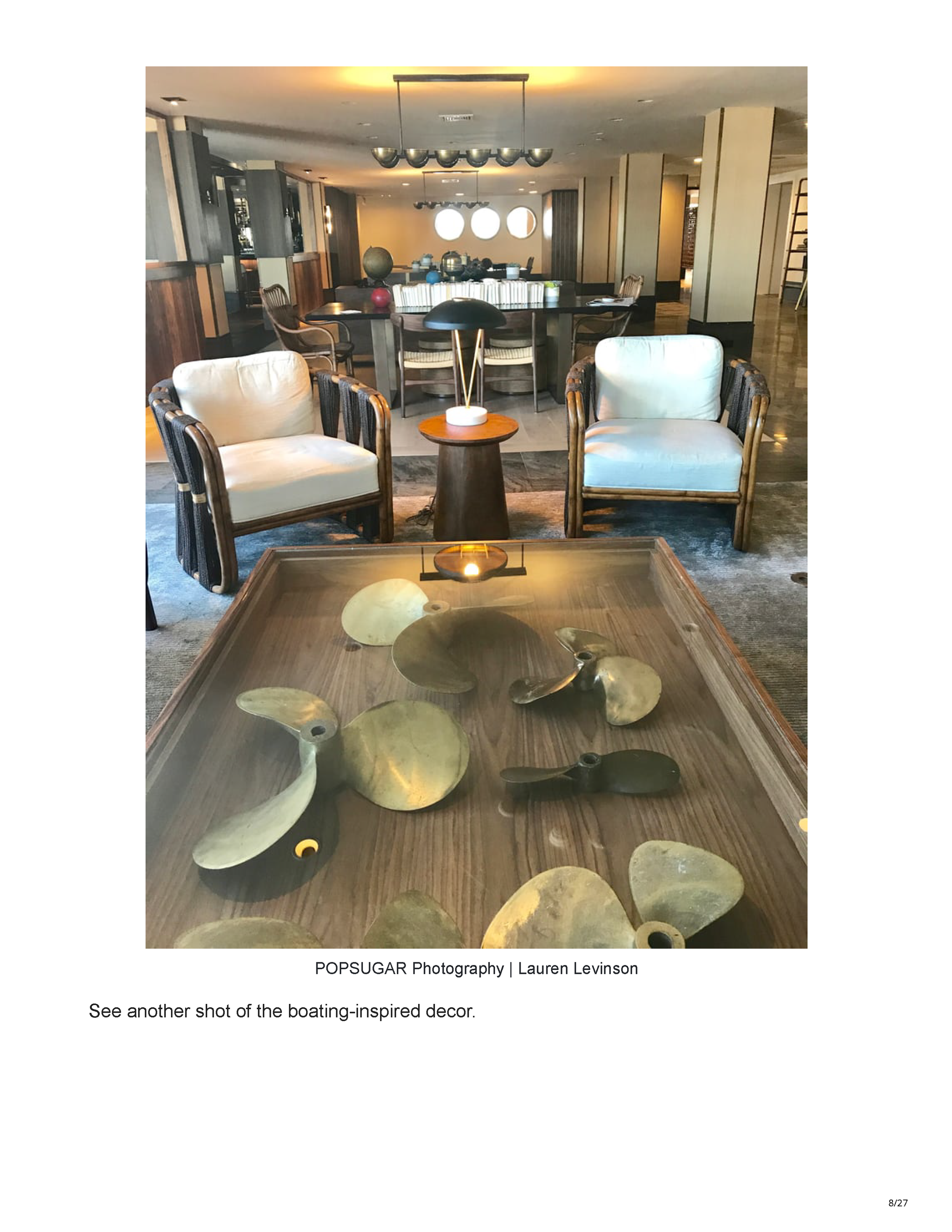 POPSUGAR’s Newport travel feature crediting Peter Max Bowden of PETERMAX Co. with the sophisticated nautical interiors of Gurney’s Newport Resort, page 8