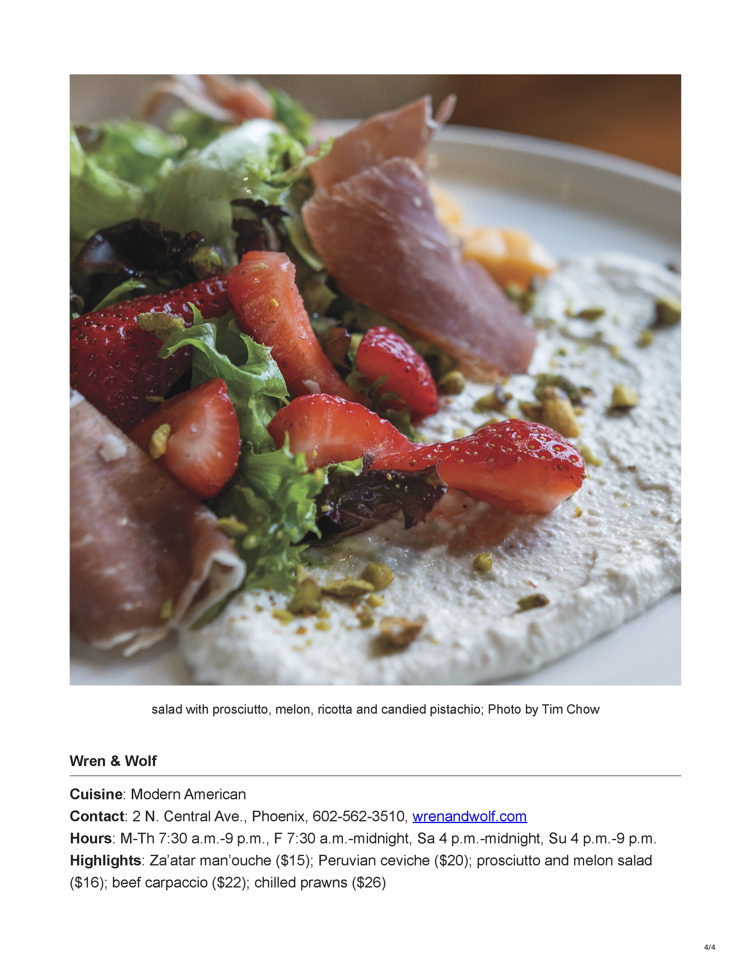 Phoenix Magazine article page featuring a dining review of Wren & Wolf with a photograph of Peruvian ceviche, page 4.