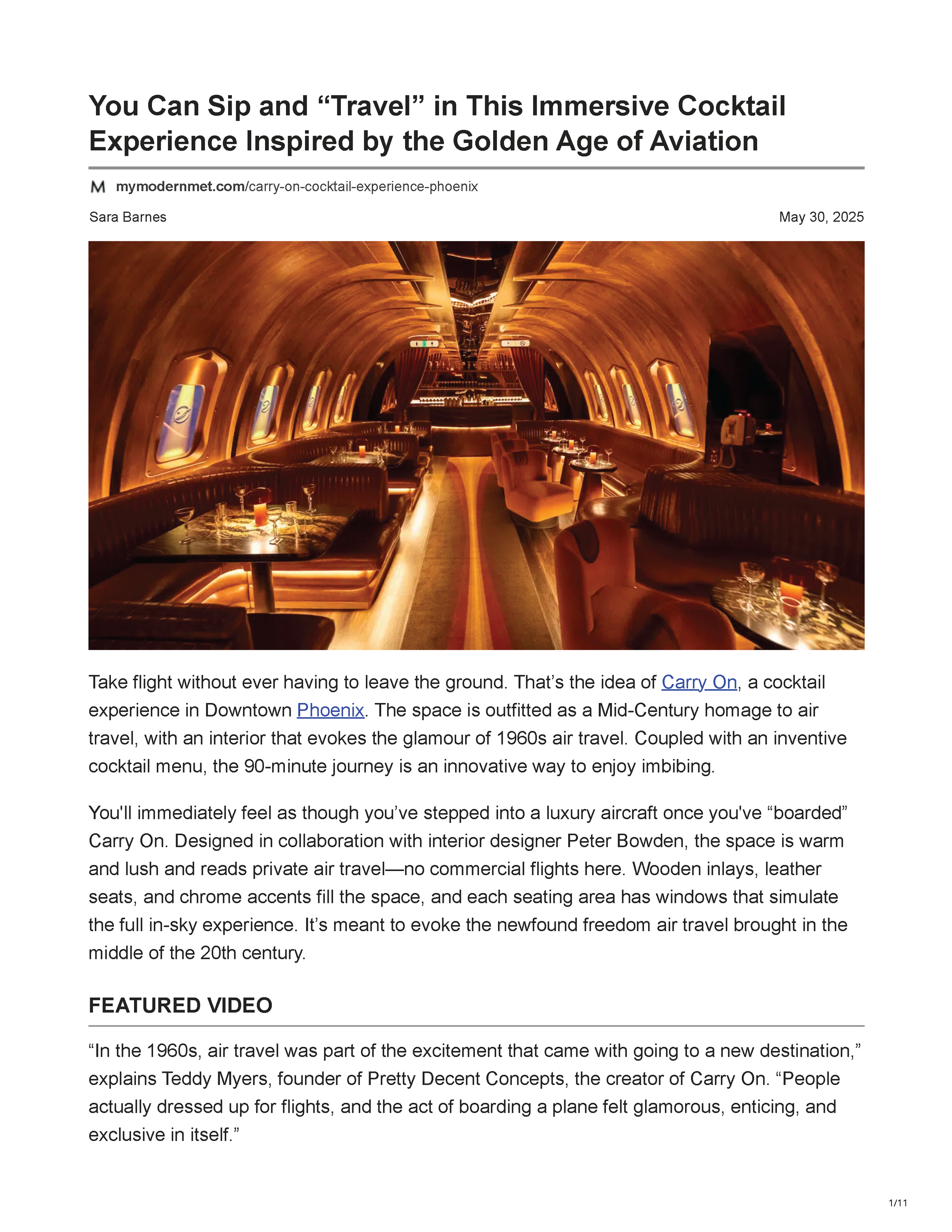 My Modern Met article featuring Carry On in Downtown Phoenix, an immersive cocktail experience designed in collaboration with Peter Bowden of PETERMAX Co., page 1.
