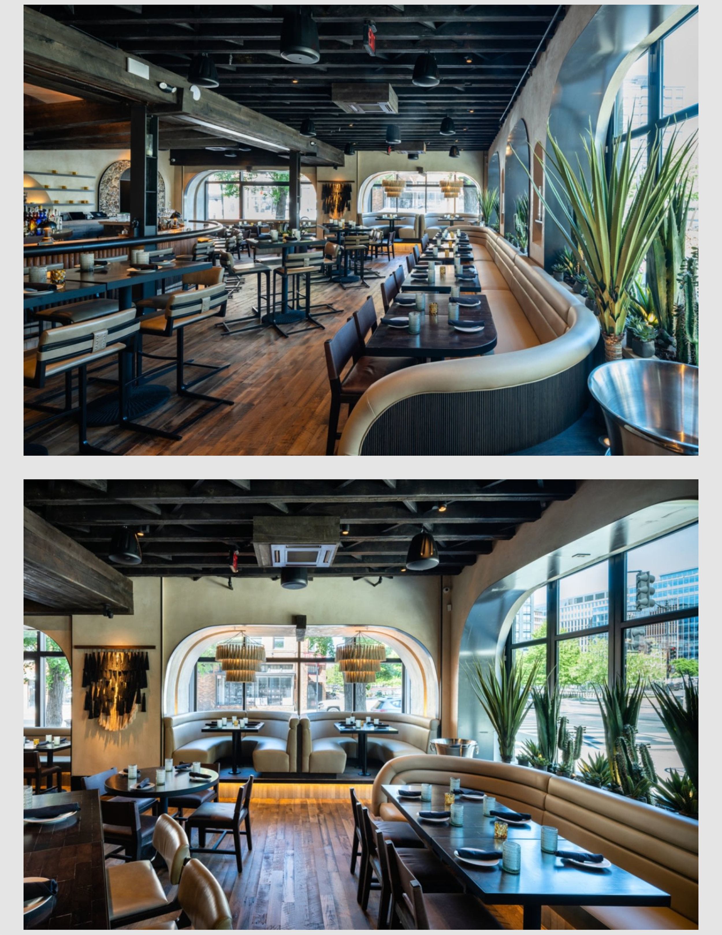 Hospitality Snapshots project page featuring dLeña, a modern Mexican restaurant in Washington, DC, with a photograph of its warm wood-paneled interior and circular bar, page 5.