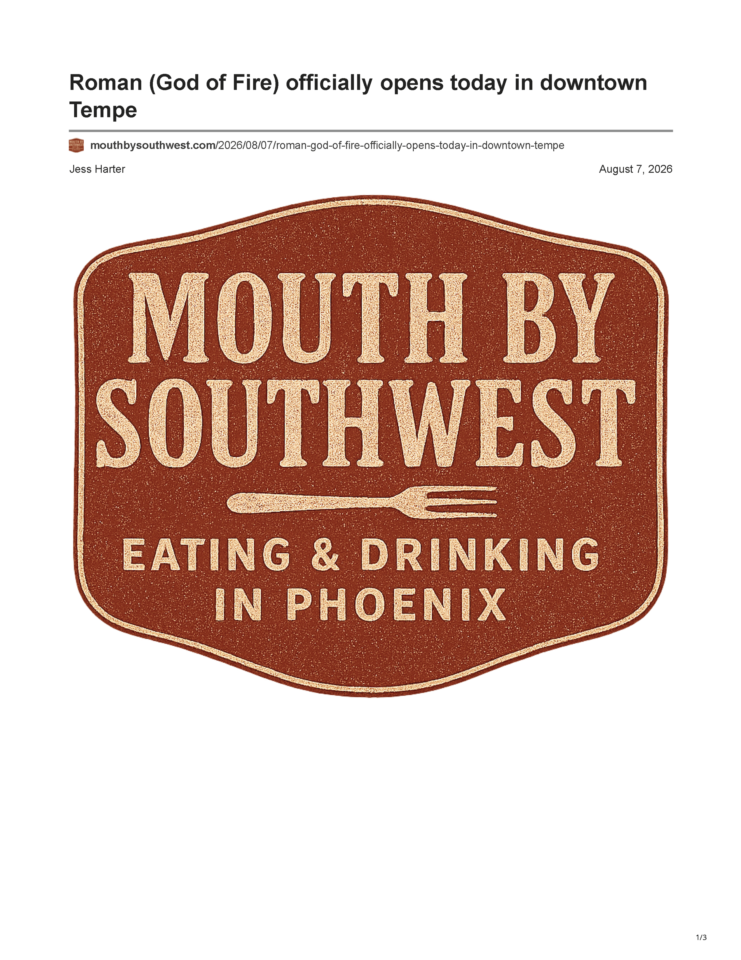 First page of the Mouth by Southwest article “Roman (God of Fire) officially opens today in downtown Tempe,” showing the article title, author and publication date.