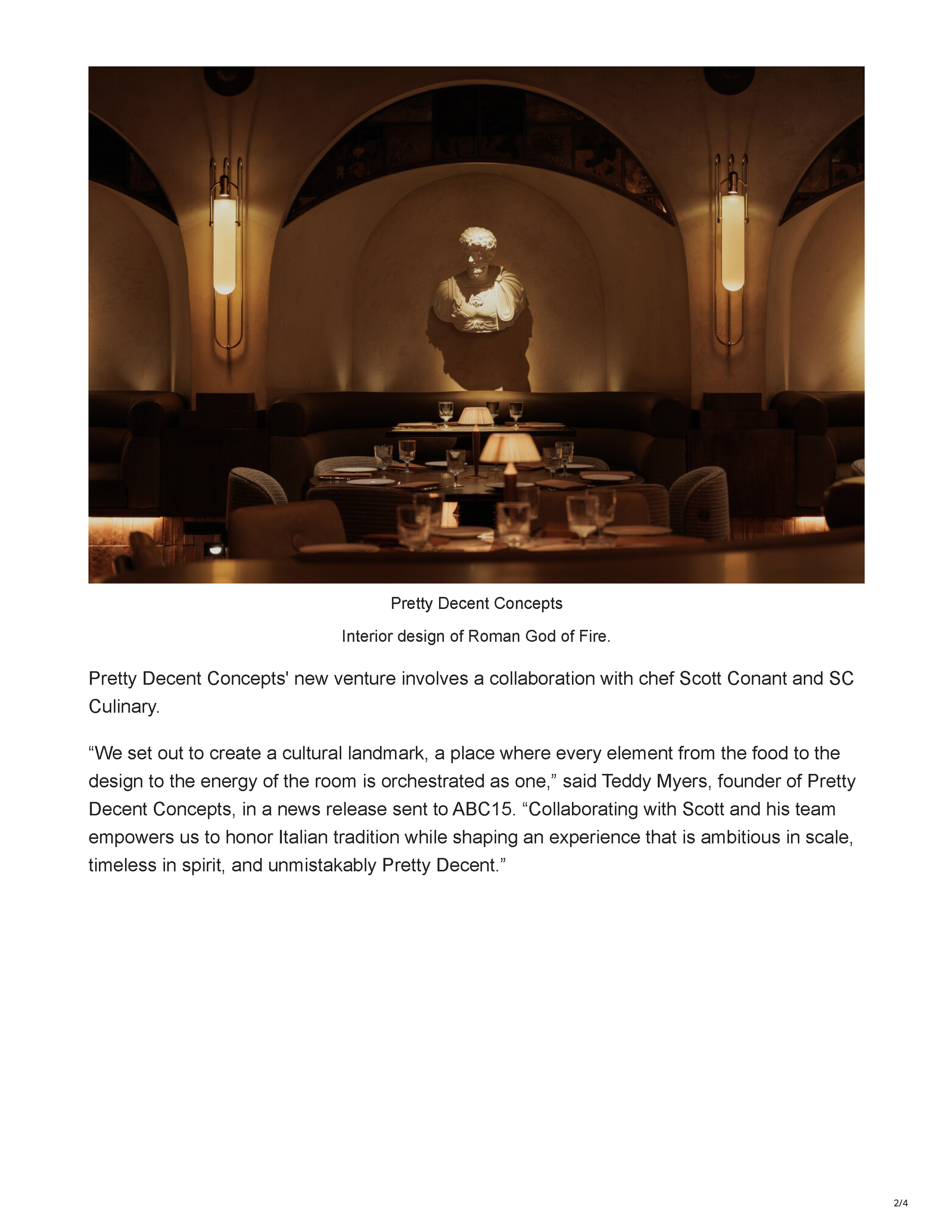 Second page of the ABC15 article showing a candlelit dining area at Roman God of Fire with arched walls, classical sculpture, banquette seating and warm architectural lighting.