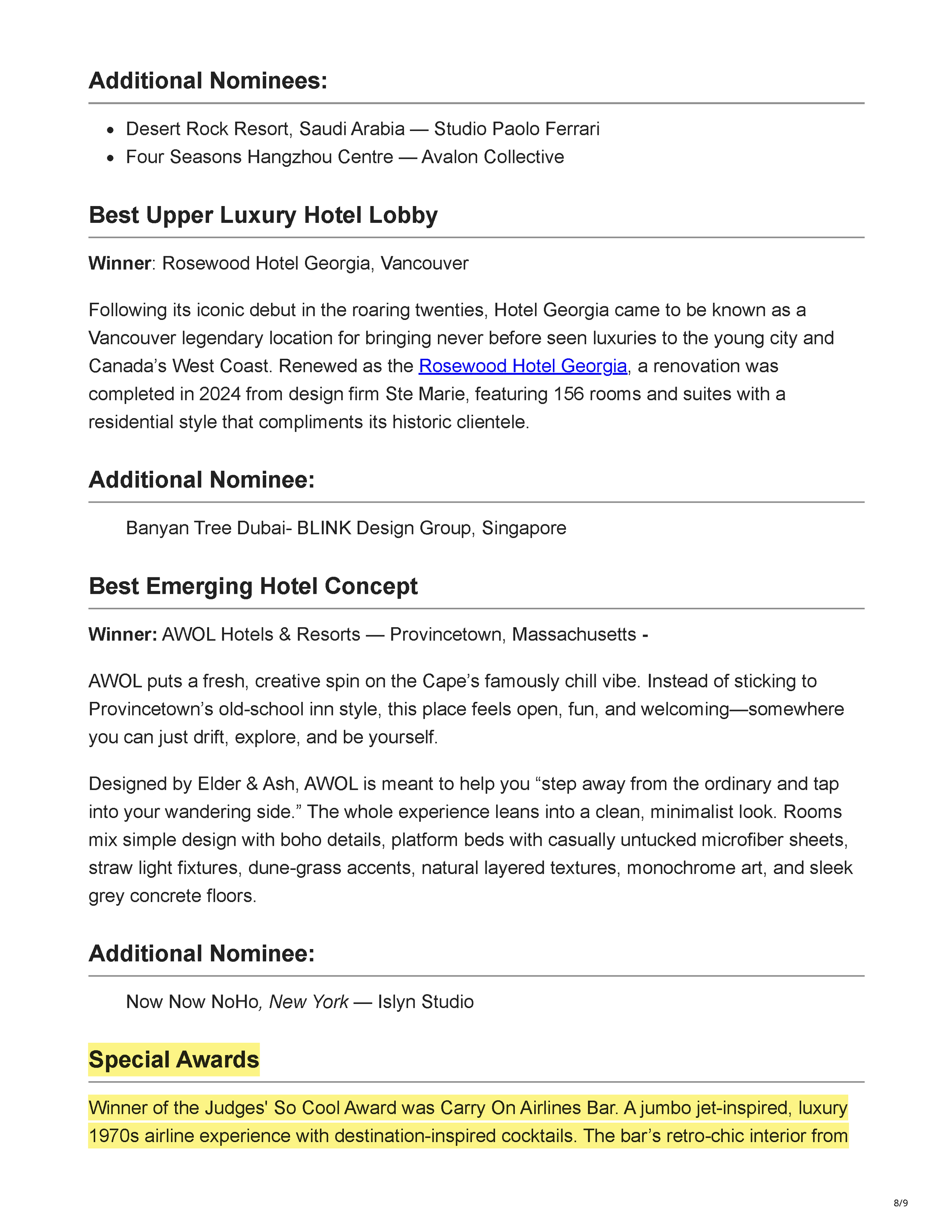 Forbes article “The World’s Best Hotel Designs Honored With Gold Key Awards” by Jim Dobson, page 8
