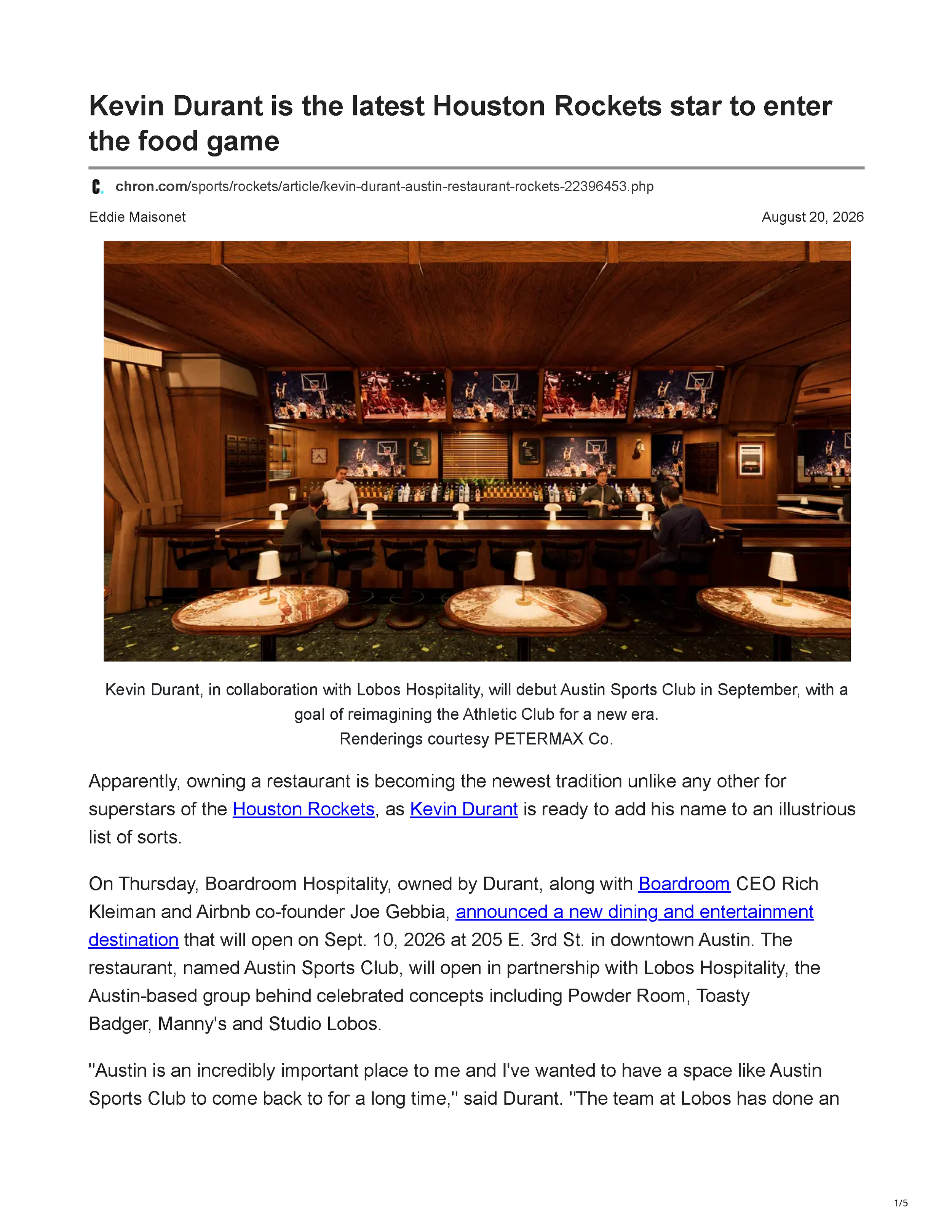 First page of Chron’s article “Kevin Durant is the latest Houston Rockets star to enter the food game,” introducing Austin Sports Club and showing a PETERMAX Co. rendering of its central bar.