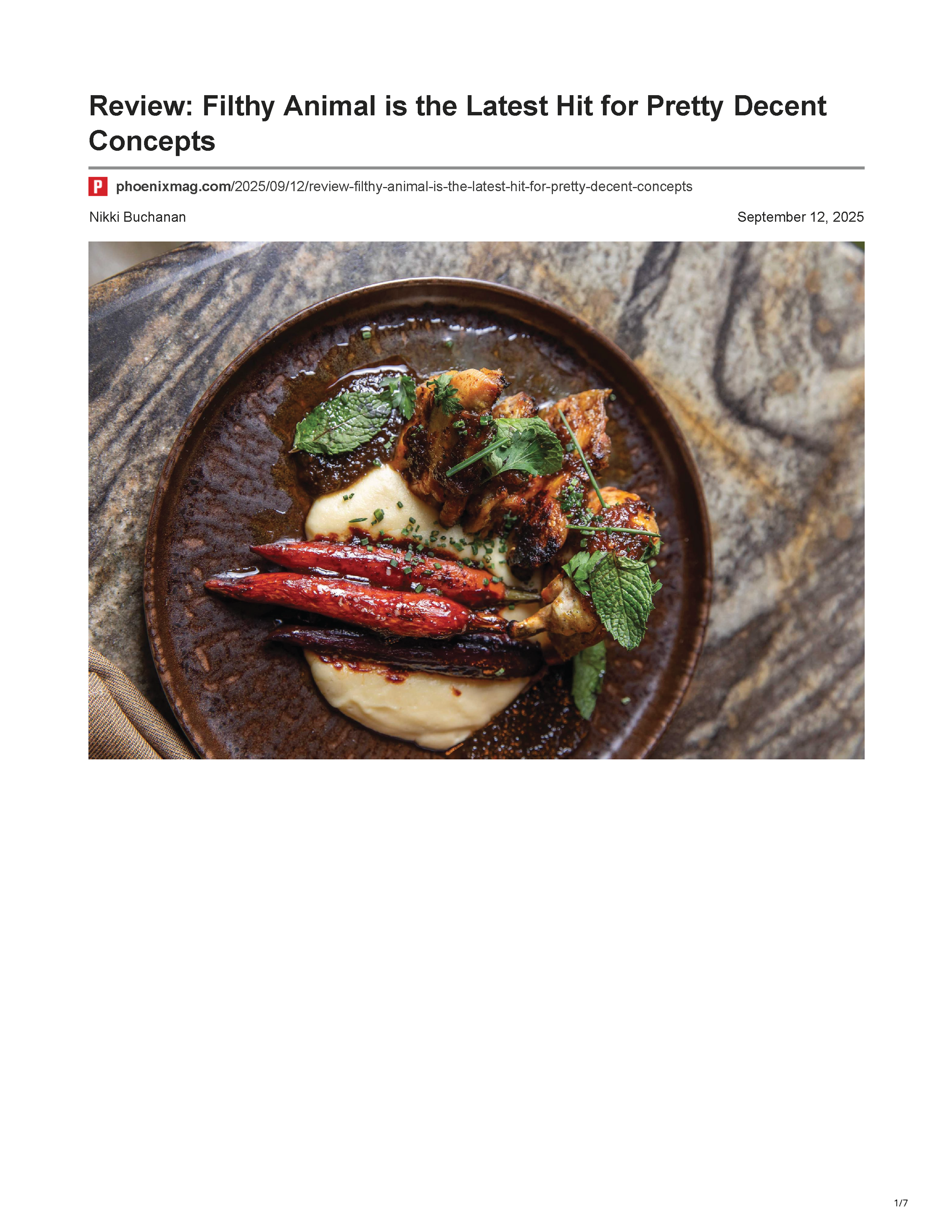 First page of the PHOENIX magazine article “Review: Filthy Animal is the Latest Hit for Pretty Decent Concepts,” featuring Filthy Animal’s lemongrass chicken.