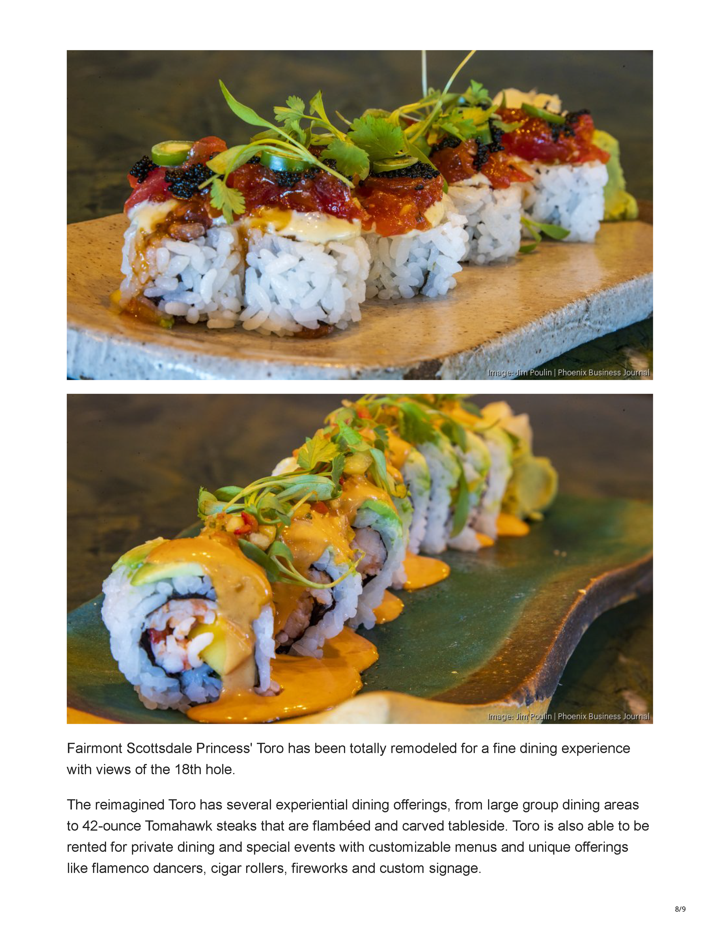 Phoenix Business Journal article about the reimagined Toro Scottsdale, featuring the redesigned restaurant’s curved banquette, central table and tropical bar interior, page 8