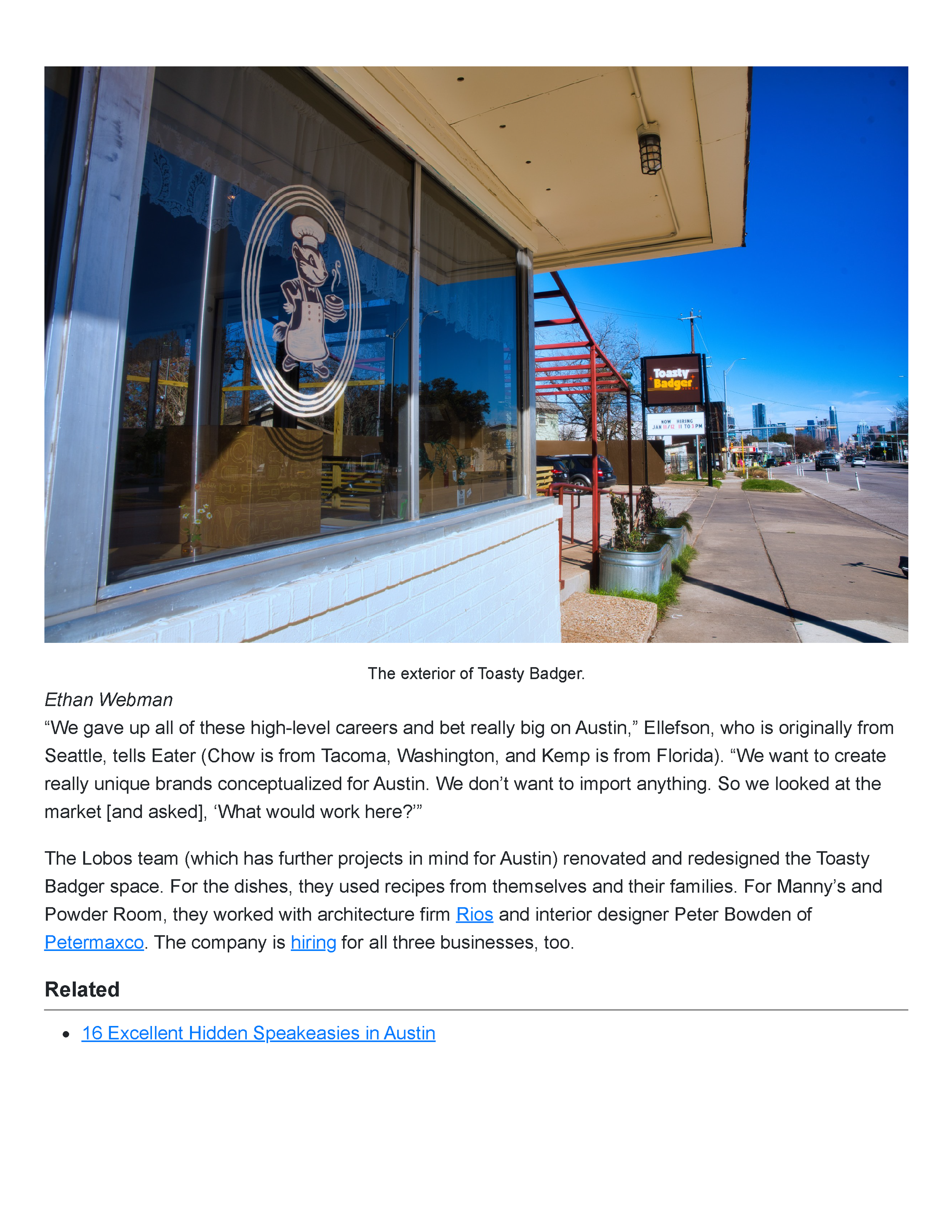 Final page of the Eater Austin article describing Lobos Hospitality’s founders and crediting Peter Bowden of PETERMAX Co. as interior designer of Manny’s and Powder Room.