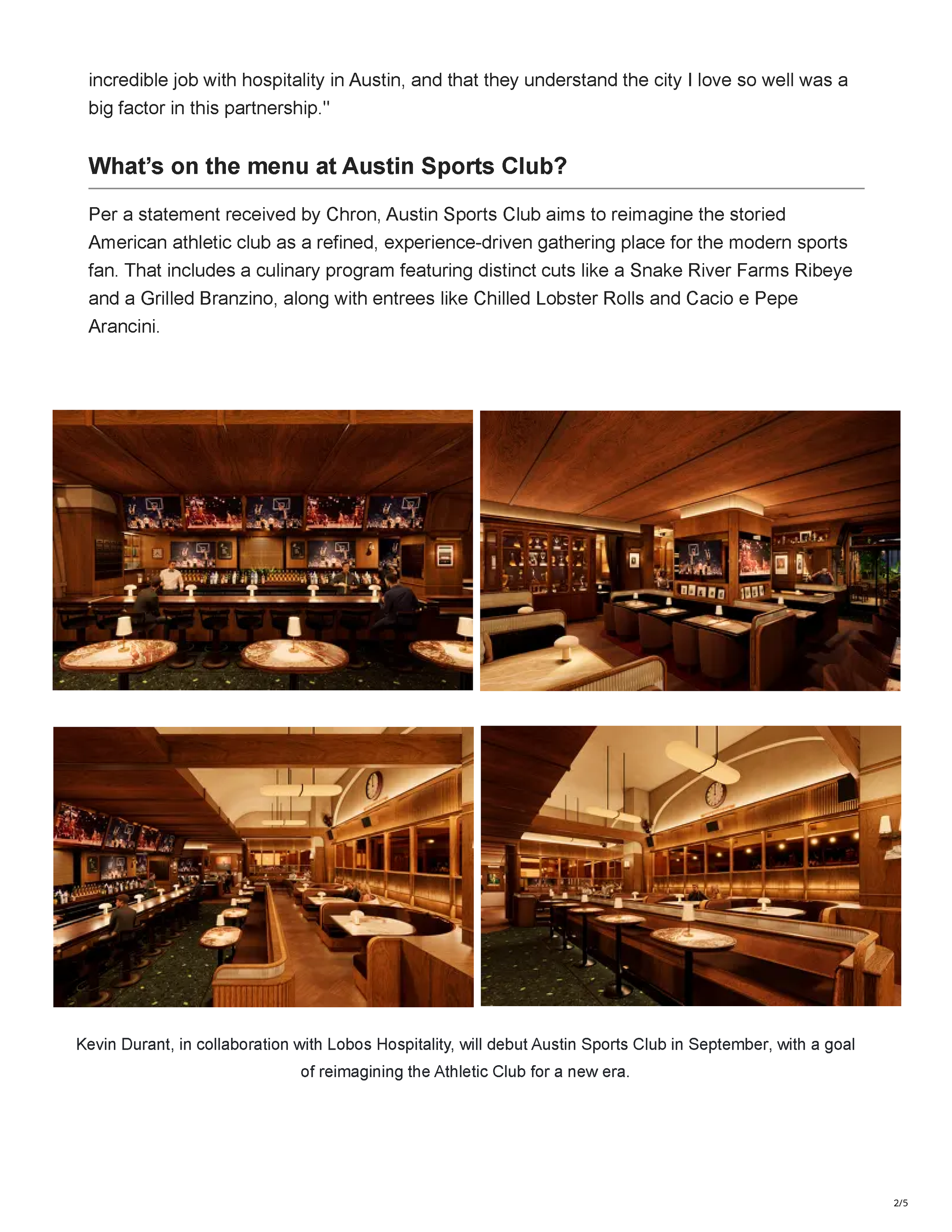 Second page of Chron’s Austin Sports Club article, showing four PETERMAX Co. renderings of the bar, dining booths and wood-paneled interior.