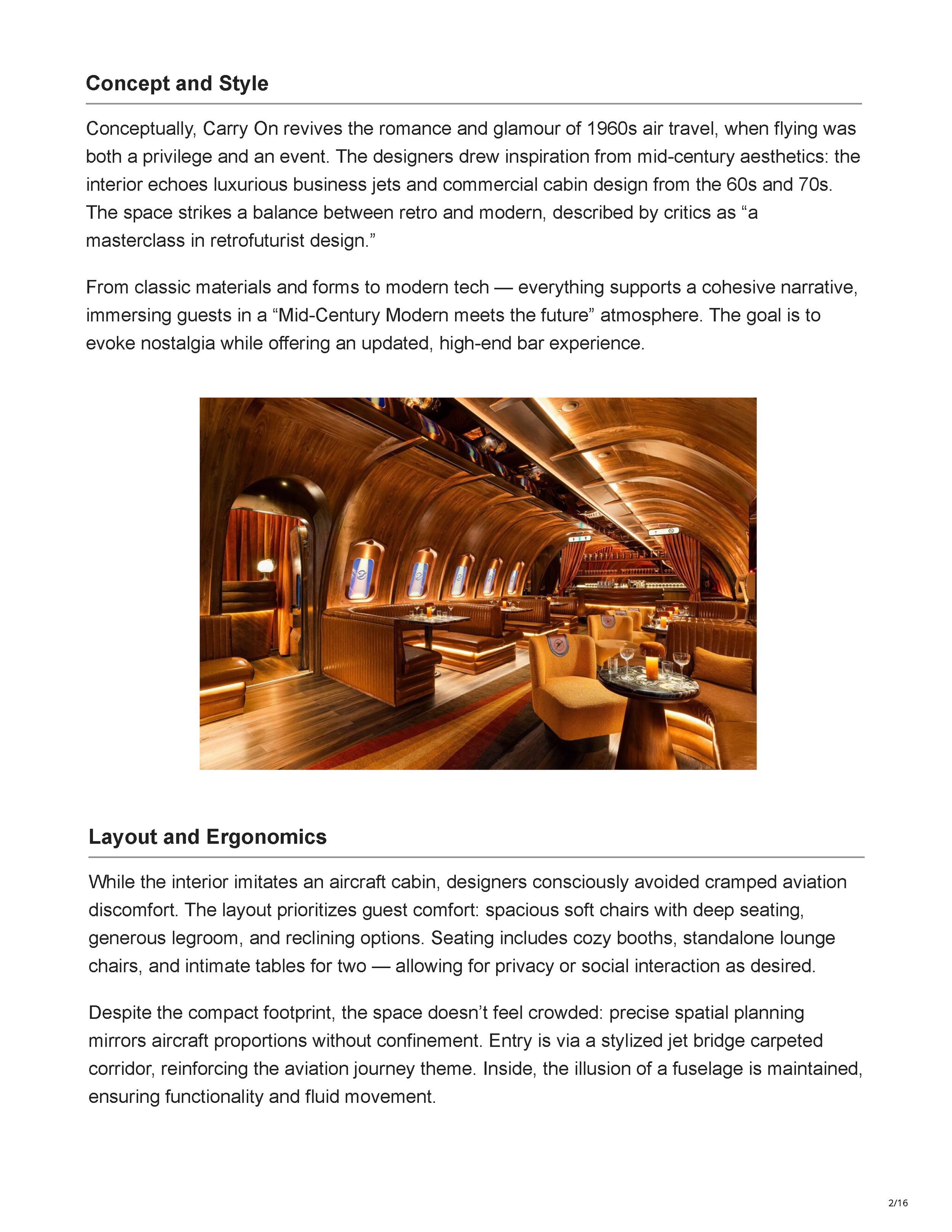 HoReCa Furniture feature on Peter Bowden’s Carry On bar design in Phoenix, exploring its retro-futurist aviation concept, materials, lighting, technology, and custom interior details, page 2