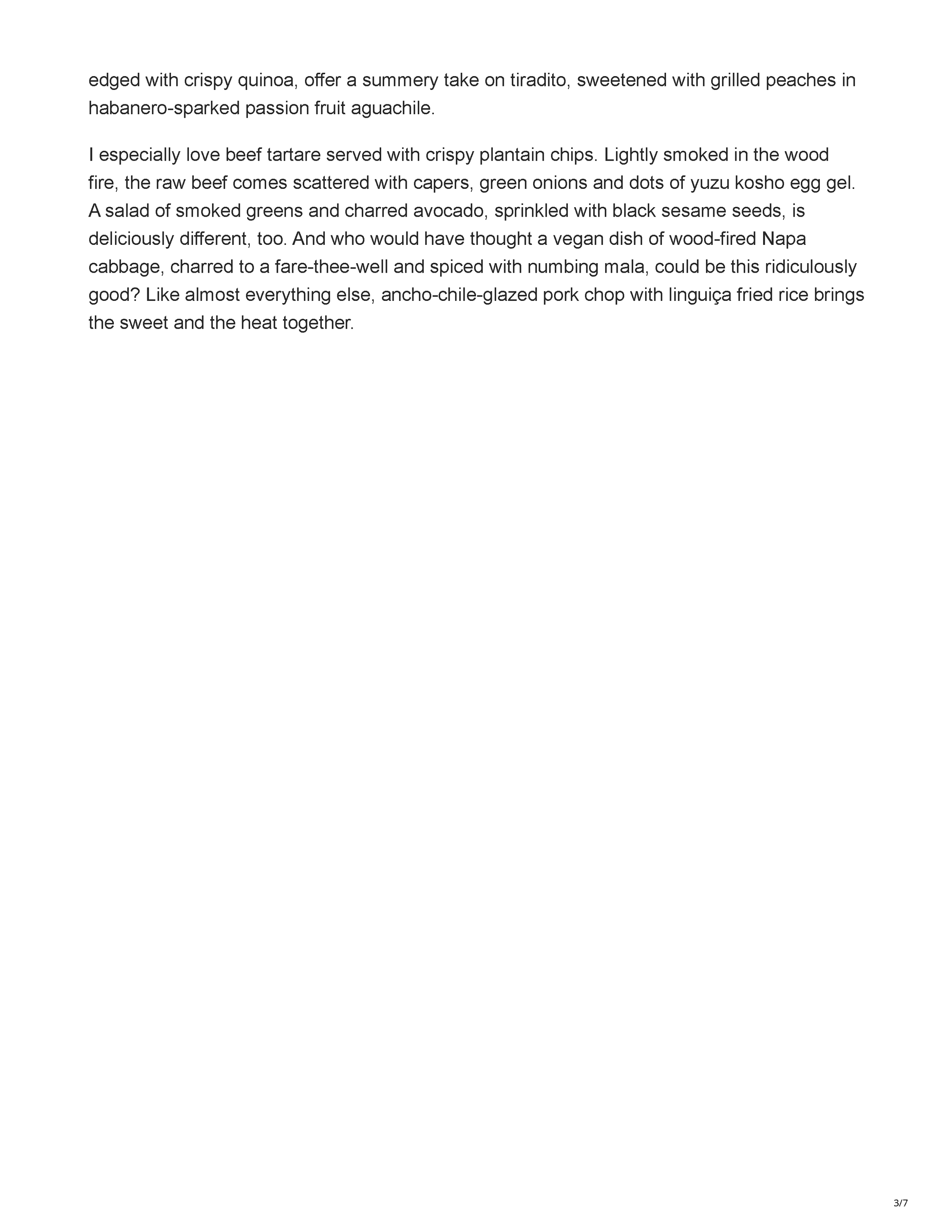 Third page of the PHOENIX magazine review discussing Filthy Animal dishes including beef tartare, smoked greens, Napa cabbage and ancho-chile pork chops.