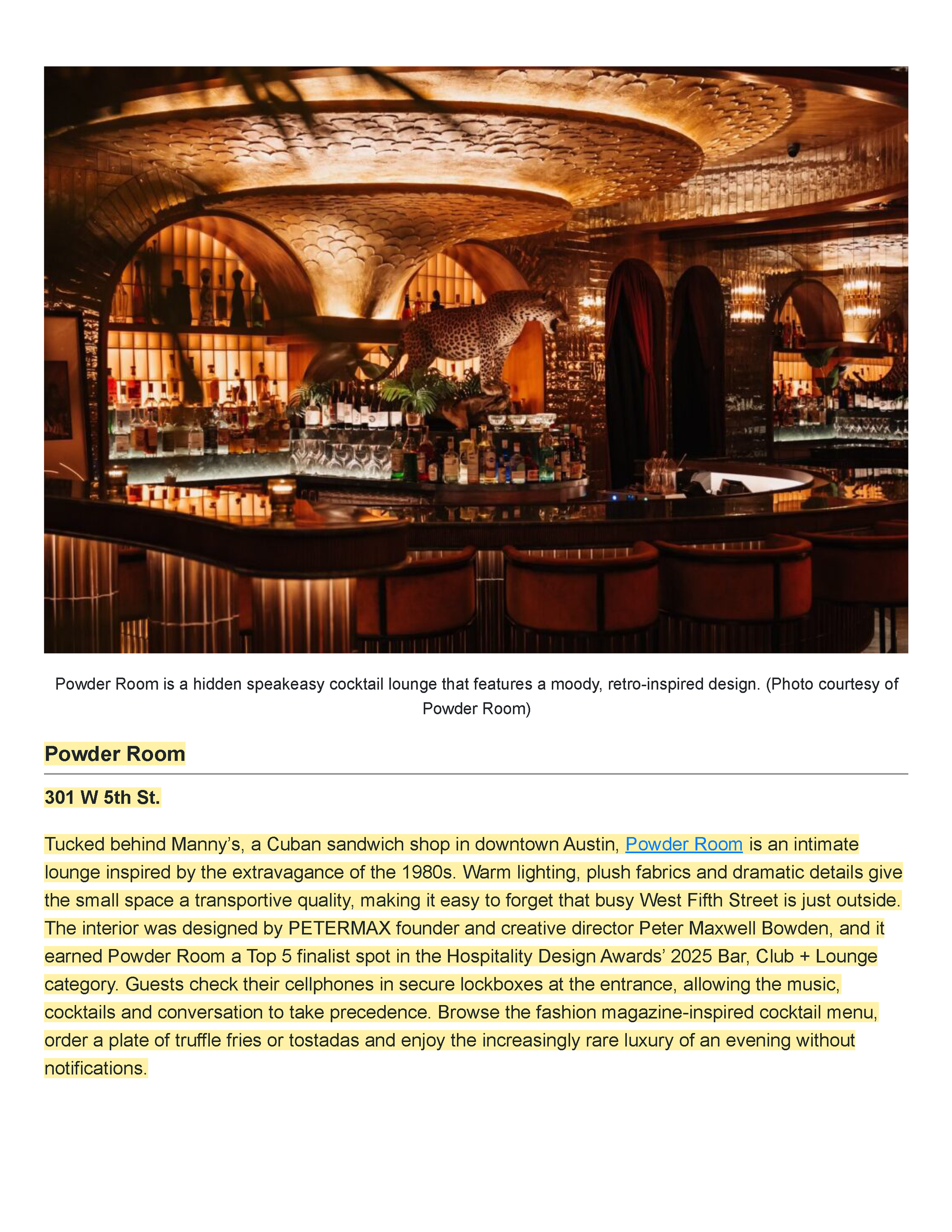 Tribeza’s Powder Room feature crediting PETERMAX founder and creative director Peter Maxwell Bowden with the Austin cocktail lounge’s interior design, Page 15.