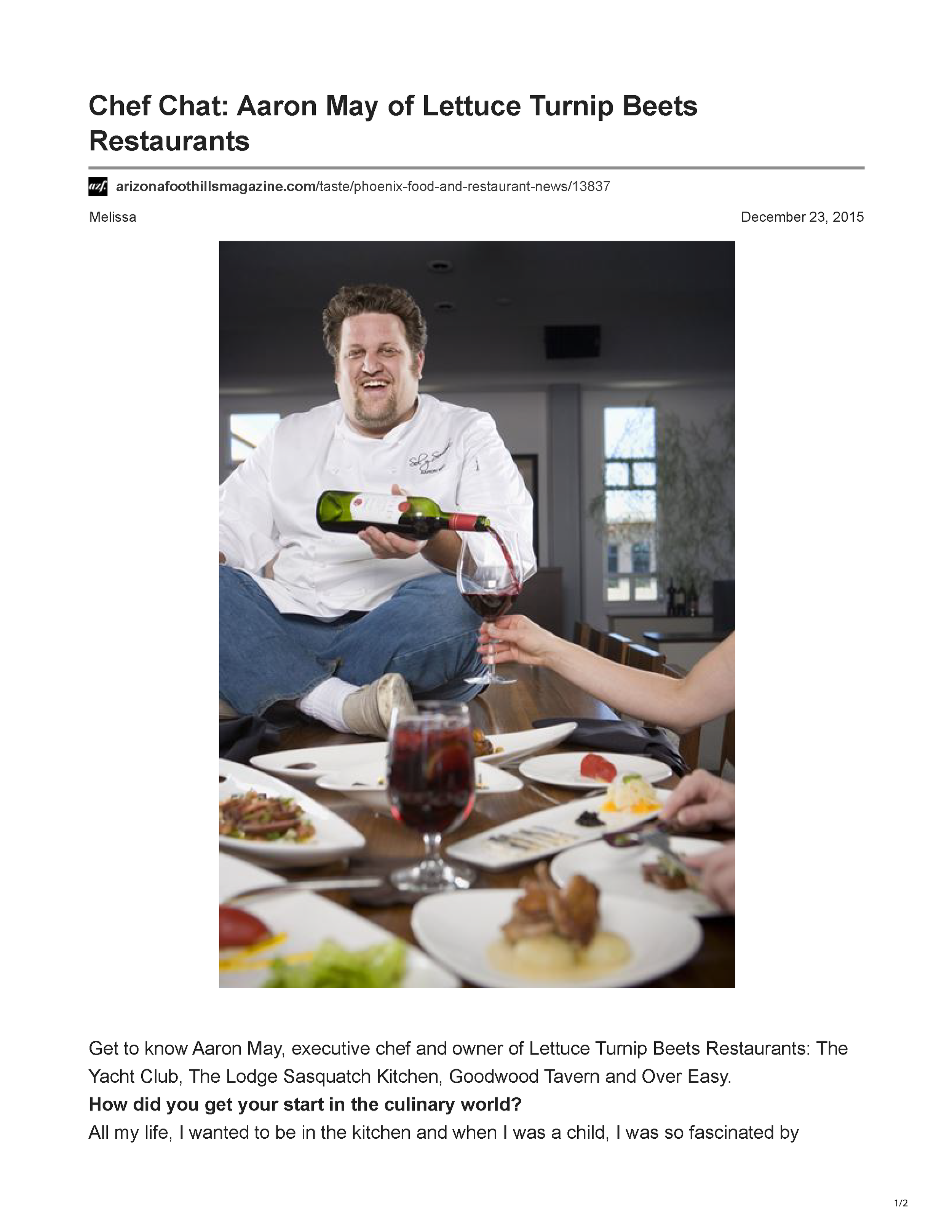 First page of the Arizona Foothills Magazine article “Chef Chat: Aaron May of Lettuce Turnip Beets Restaurants,” featuring a portrait of chef and restaurateur Aaron May.