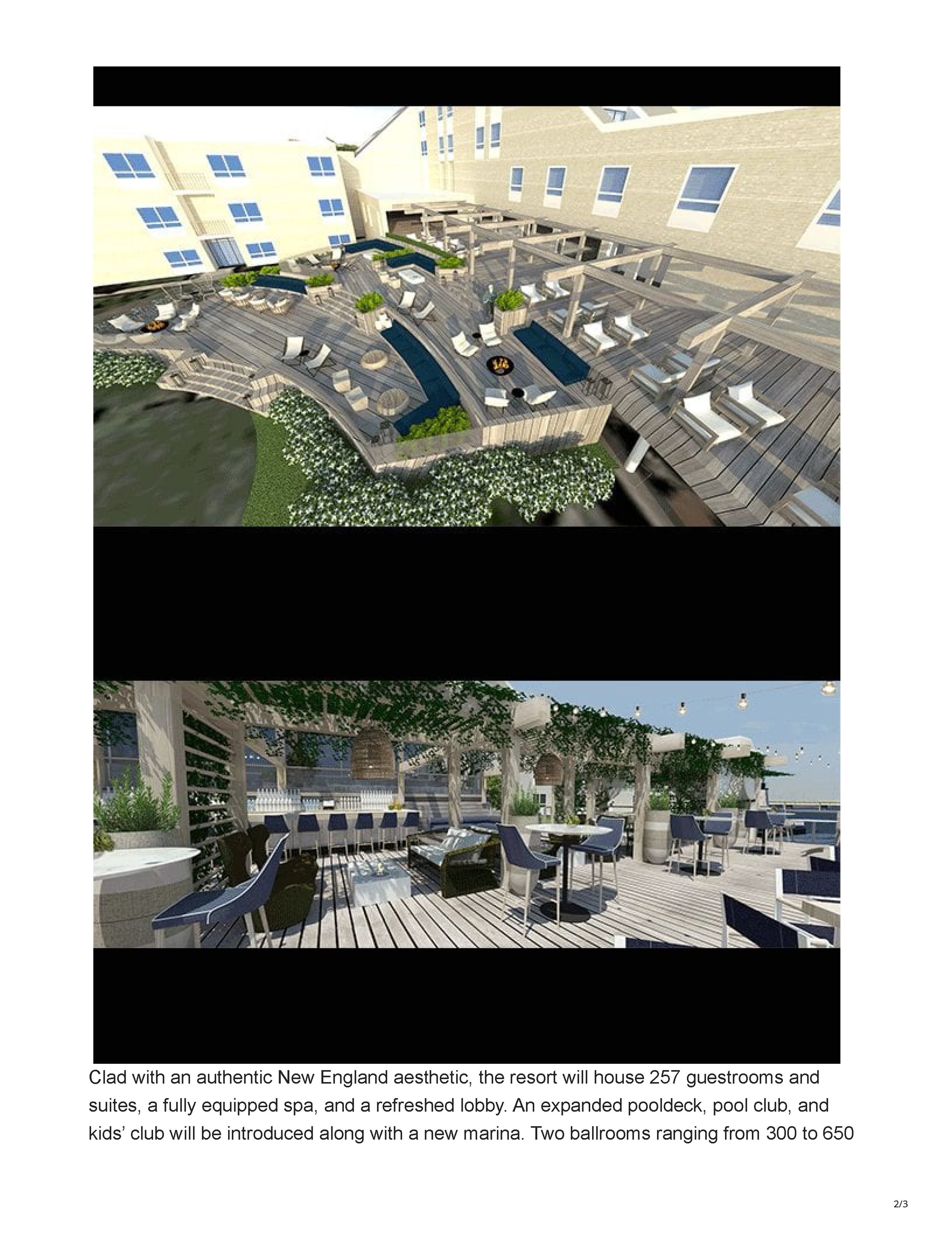 Concept renderings of the redesigned outdoor pool deck and waterfront terrace at Gurney's Newport Resort & Marina, page 2.