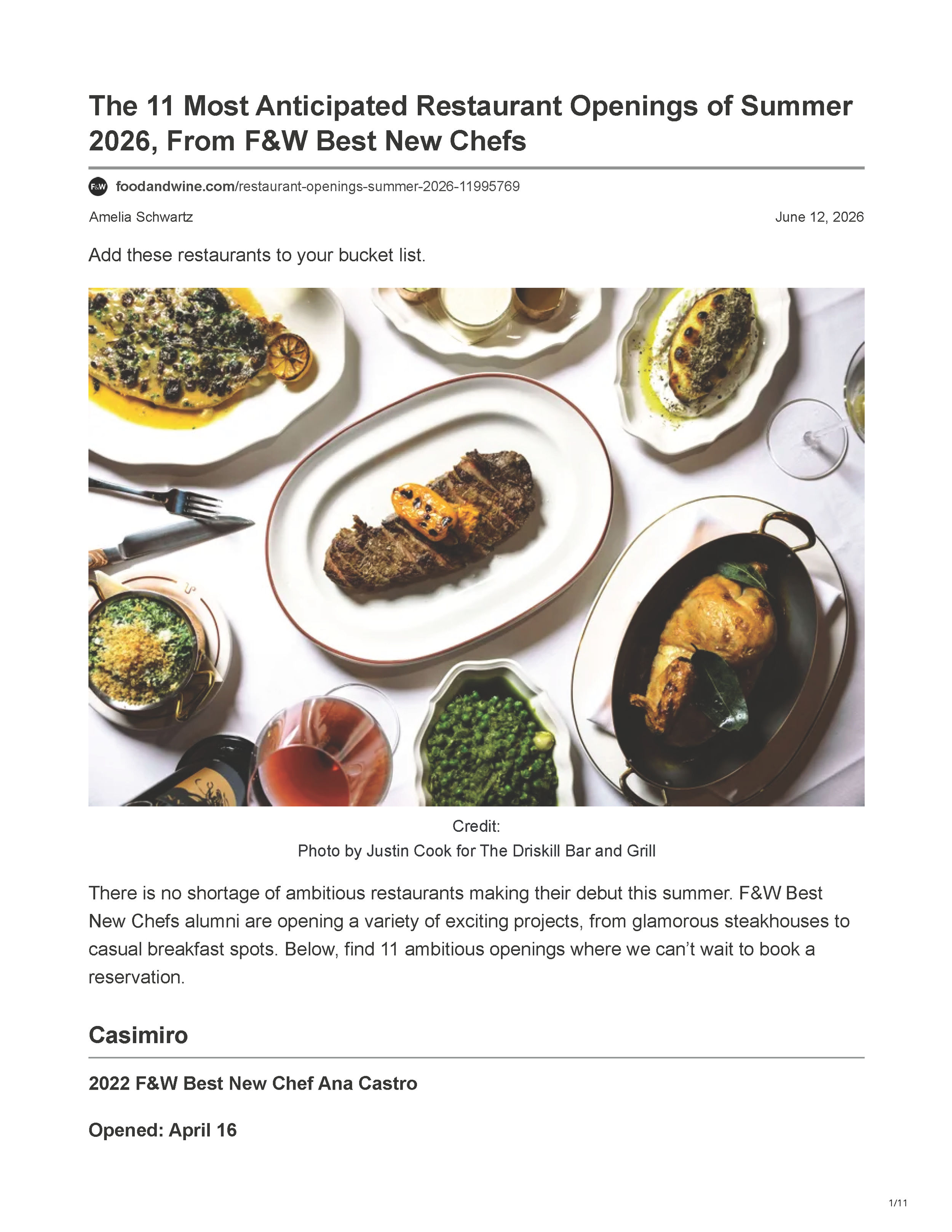 Food & Wine’s June 12, 2026 feature, The 11 Most Anticipated Restaurant Openings of Summer 2026, From F&W Best New Chefs, by Amelia Schwartz, page 1