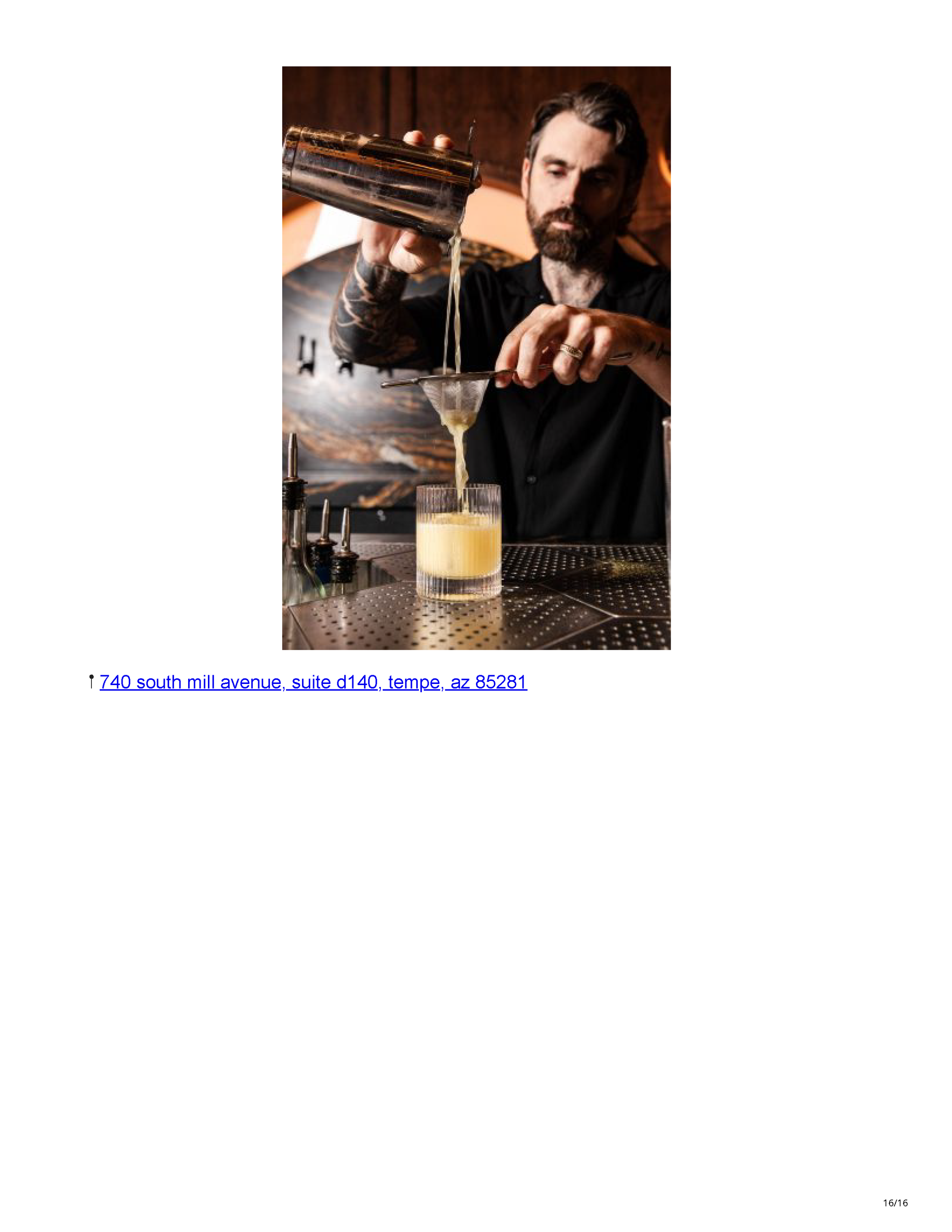 Jax Donahue preparing a cocktail behind the bar, followed by the Tempe address for Filthy Animal and Drop Dead Gorgeous.