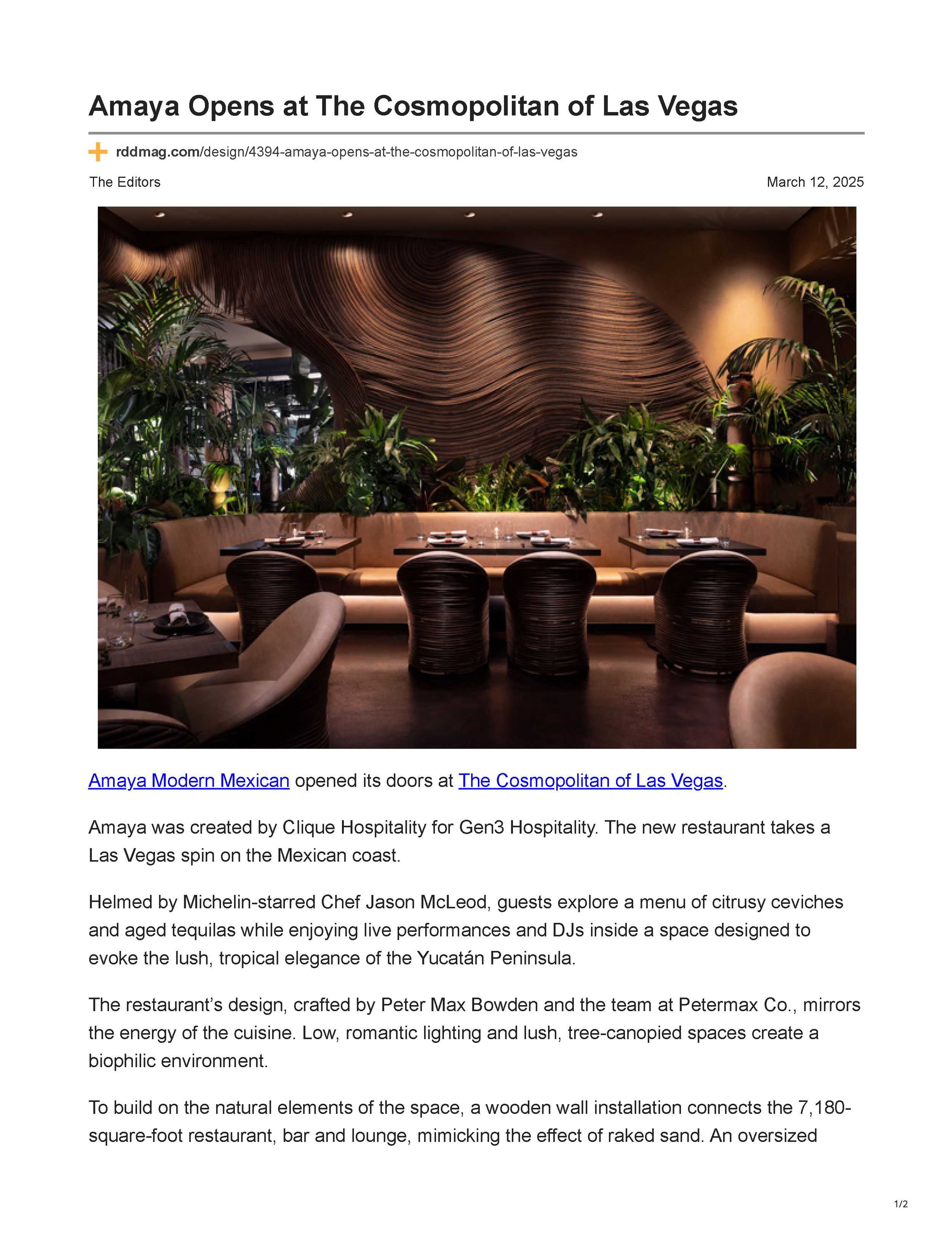 Restaurant Development + Design article about Amaya Modern Mexican, featuring the restaurant’s sculptural wood wall, tropical planting and curved dining banquette, page 1