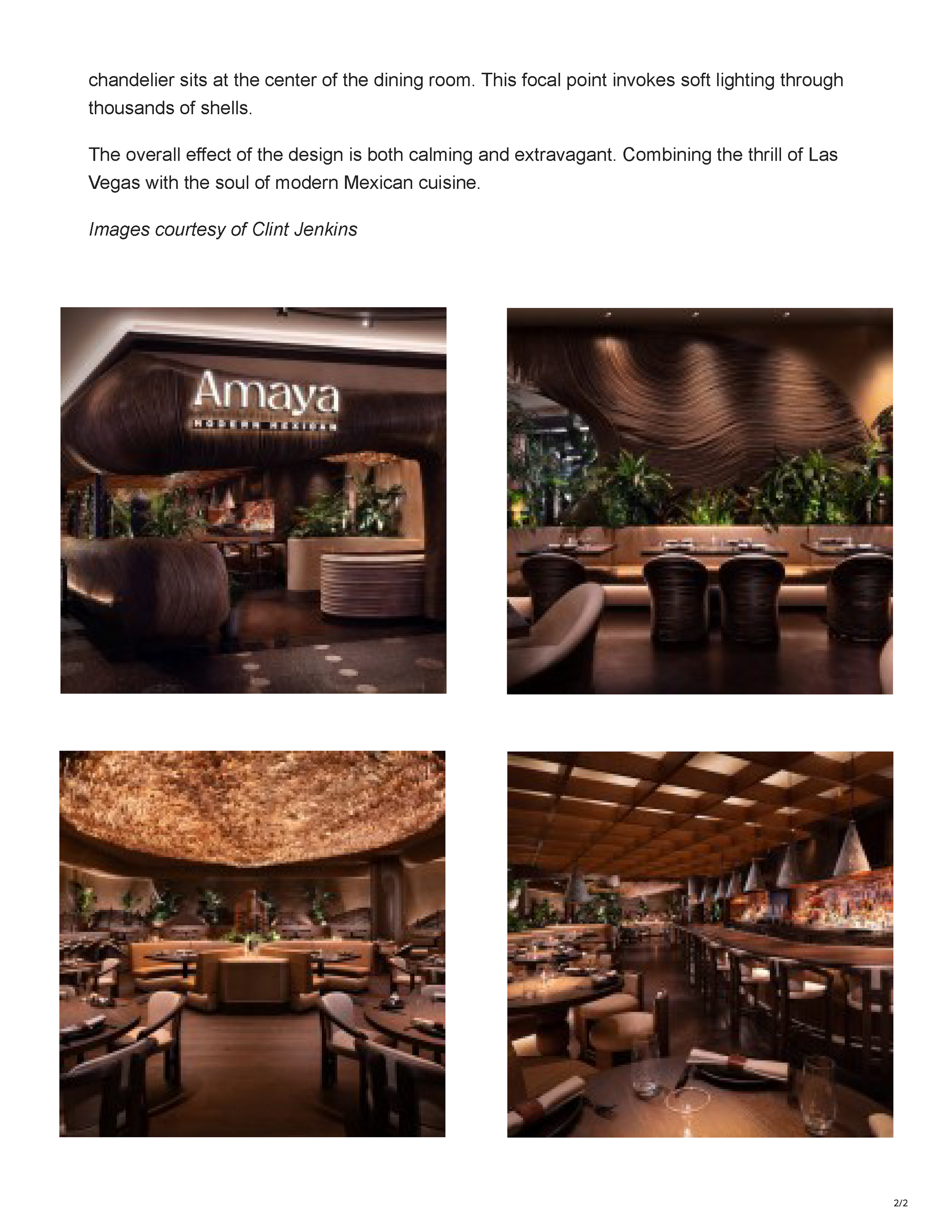 Restaurant Development + Design article about Amaya Modern Mexican, featuring the restaurant’s sculptural wood wall, tropical planting and curved dining banquette, page 2