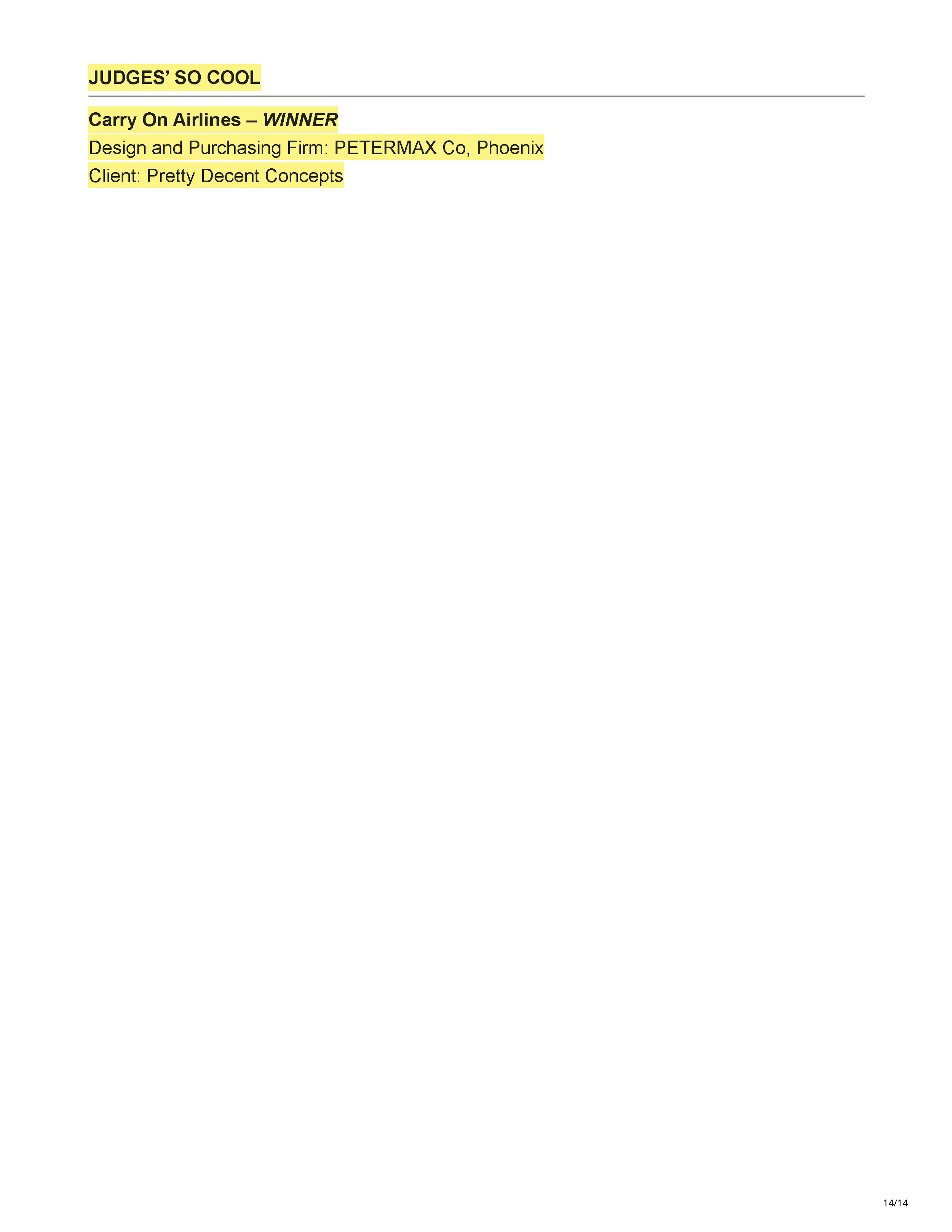 Official 45th Annual Gold Key Awards winners listing showing Carry On Airlines as the Bar/Club/Lounge winner, Drop Dead Gorgeous as a finalist, and Carry On Airlines receiving the Judges' So Cool Award, page 14.