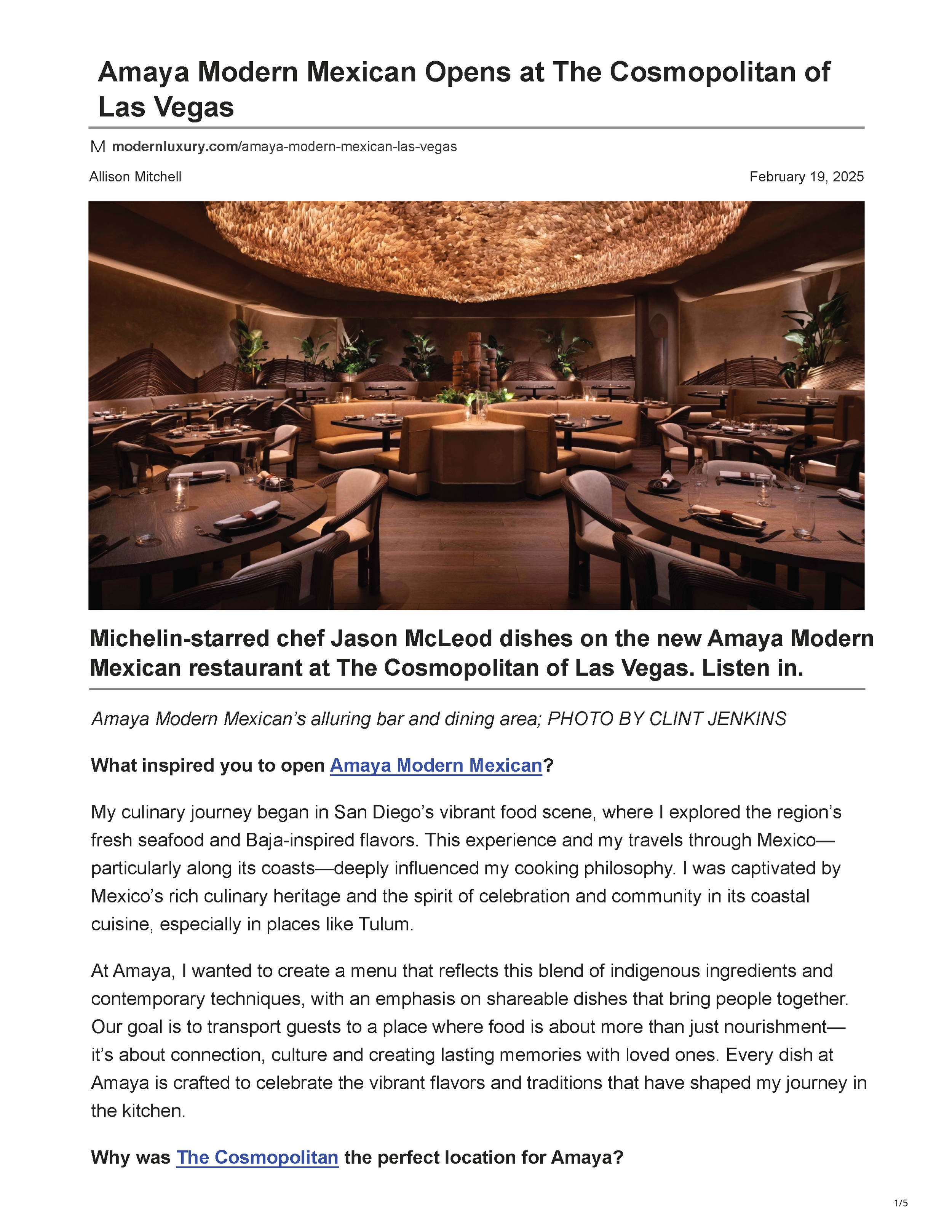 Modern Luxury article page announcing the opening of Amaya Modern Mexican at The Cosmopolitan of Las Vegas, featuring a photograph of the restaurant’s warm, curved dining room, page 1.