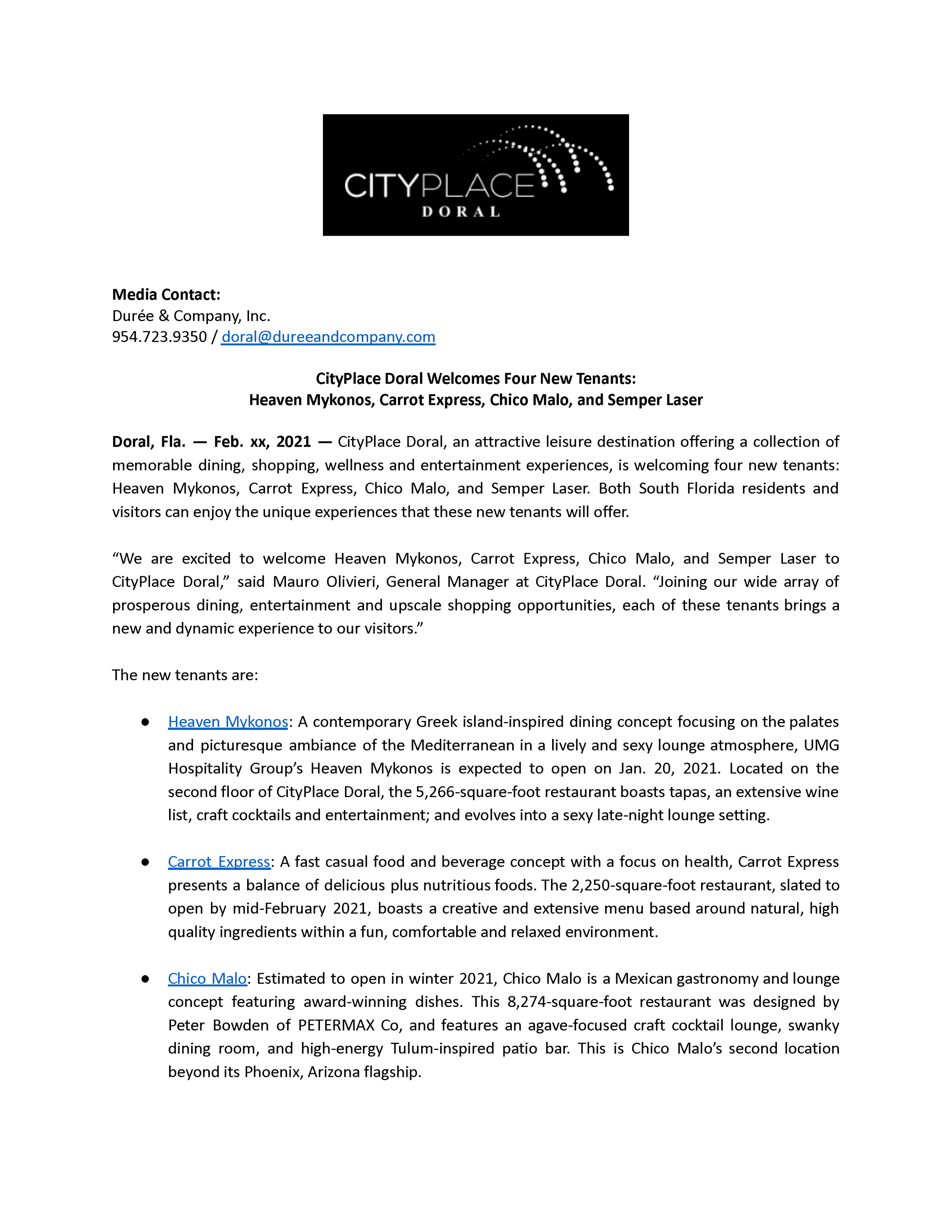 Page one of CityPlace Doral’s February 4, 2021 press release announcing Chico Malo and three additional tenants.