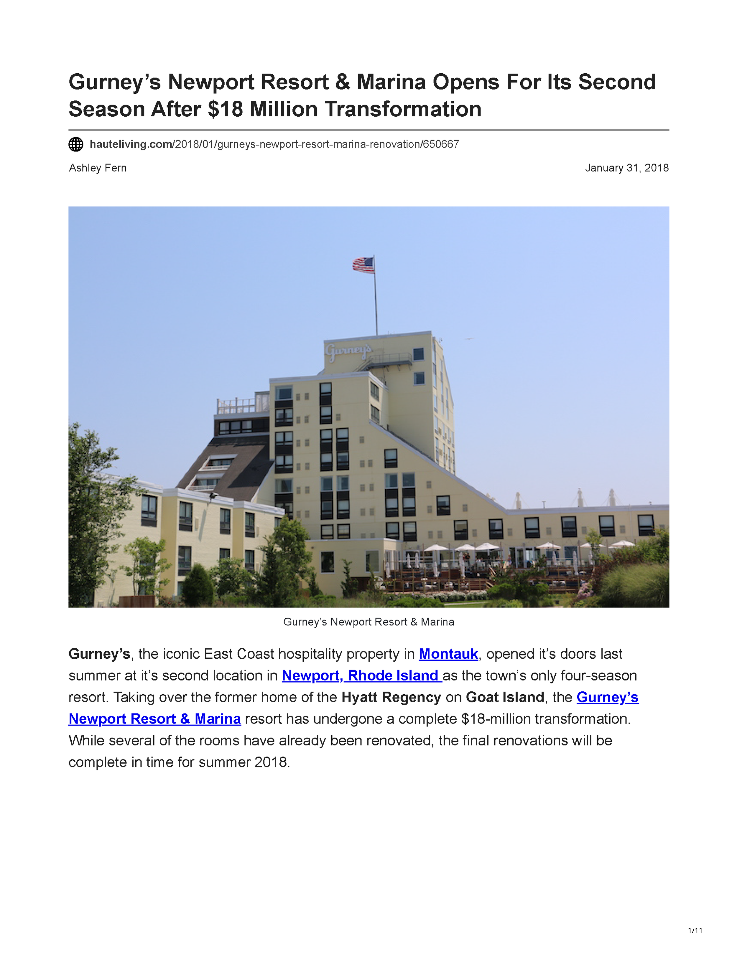 Page 1 of the Haute Living article about Gurney’s Newport Resort & Marina’s $18 million transformation and its PETERMAX Co. design.