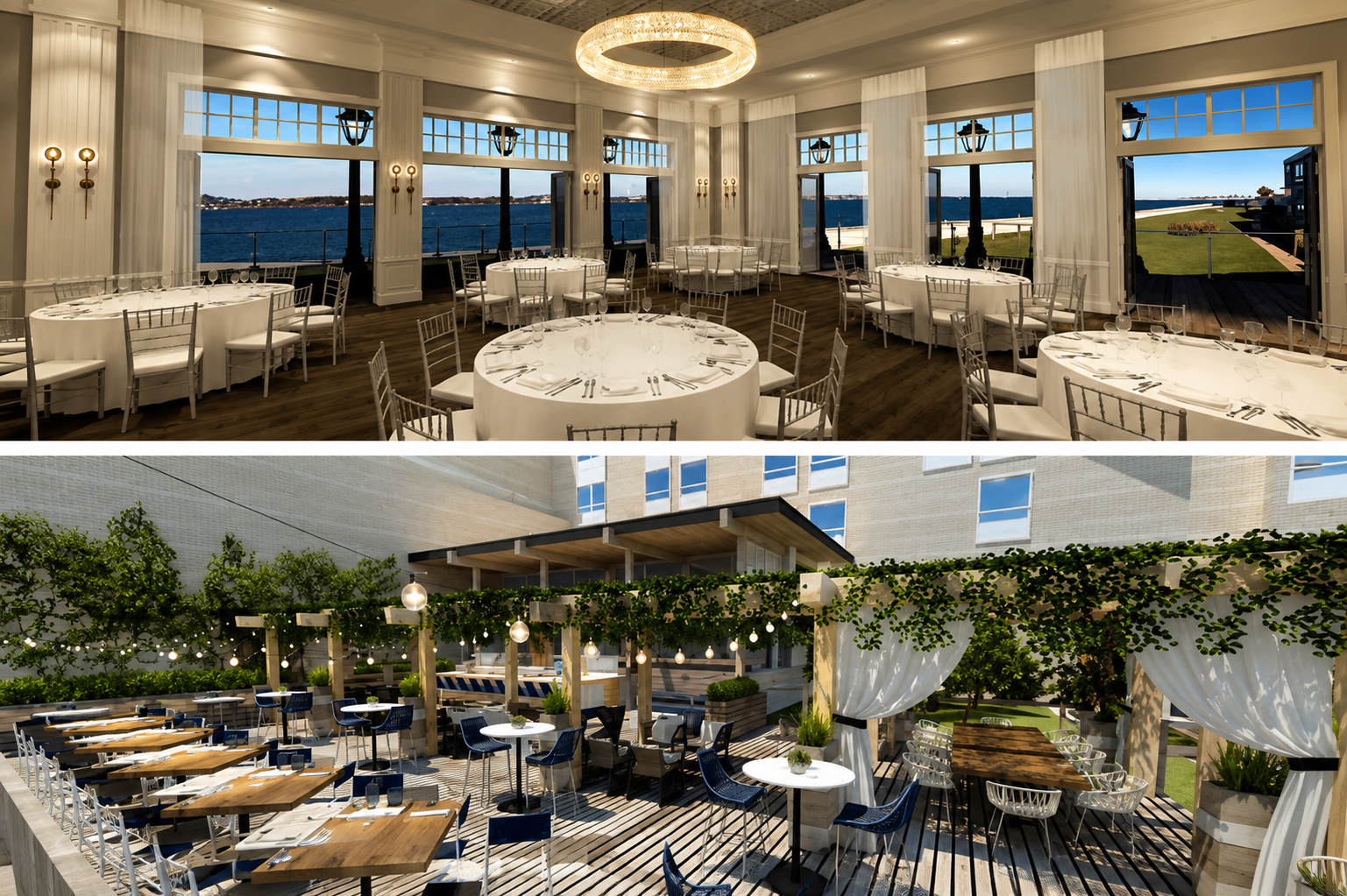 Renderings of Gurney's Newport Resort & Marina featuring the redesigned coastal-inspired spaces overlooking Narragansett Bay.