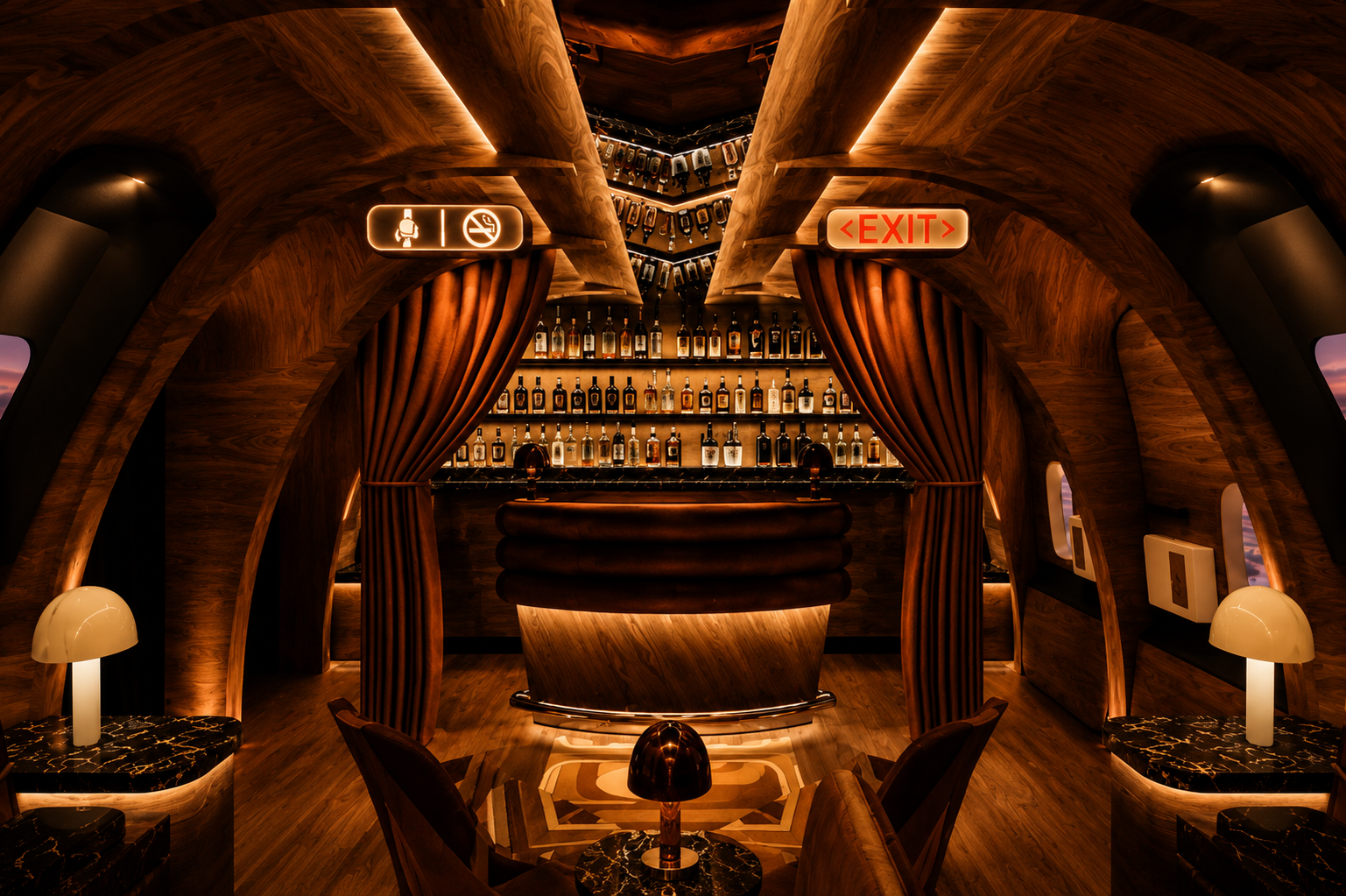 Carry On cocktail bar in Downtown Phoenix, designed as a luxurious vintage airplane cabin with dark wood paneling, leather seating, amber lighting, red velvet curtains, and a fully stocked bar.