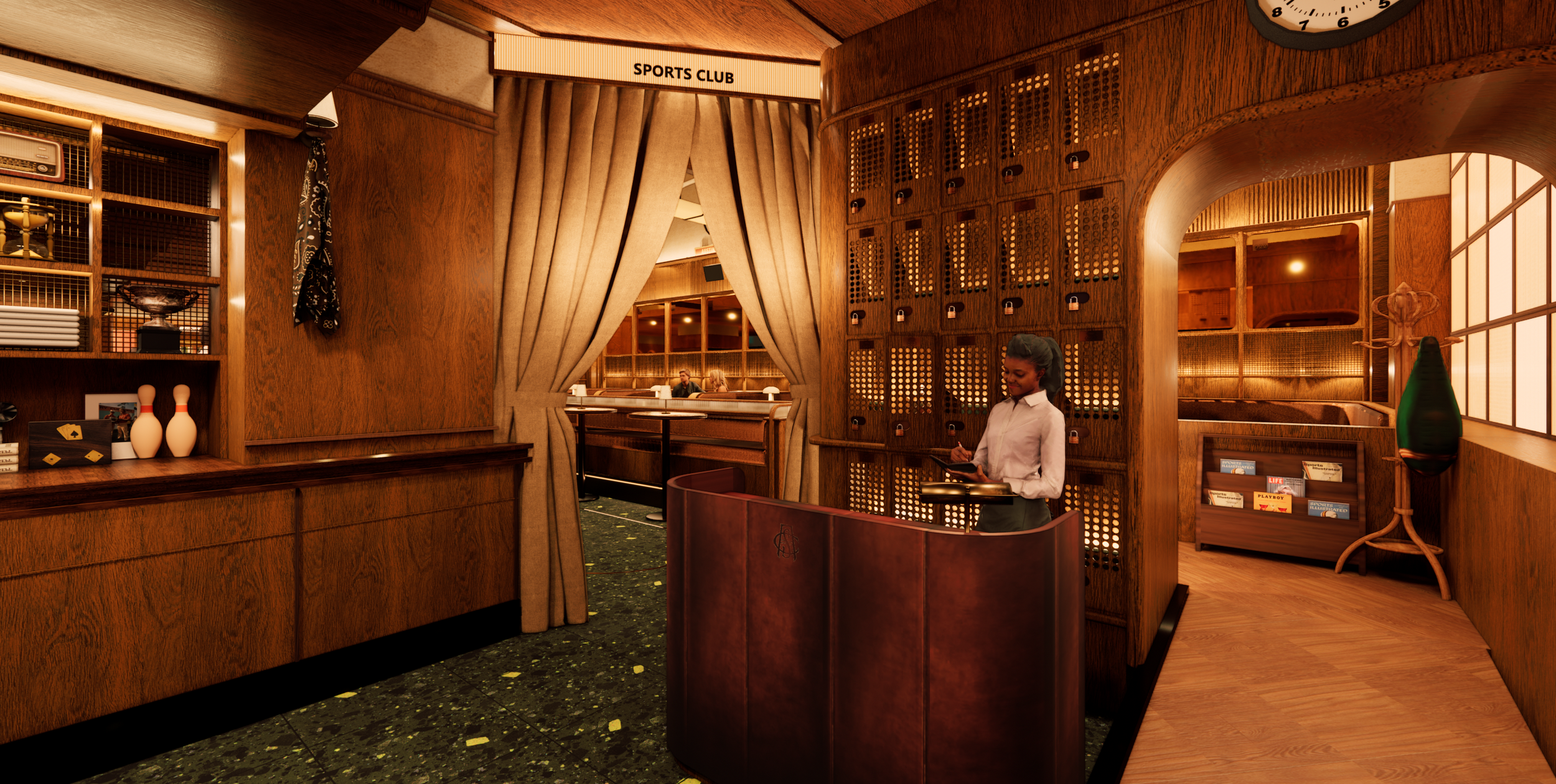 Interior rendering of Austin Sports Club by Peter Bowden and PETERMAX Co., featuring dark wood paneling, illuminated stone tables, leather booths, woven chairs, sports photography and display cabinets filled with memorabilia.