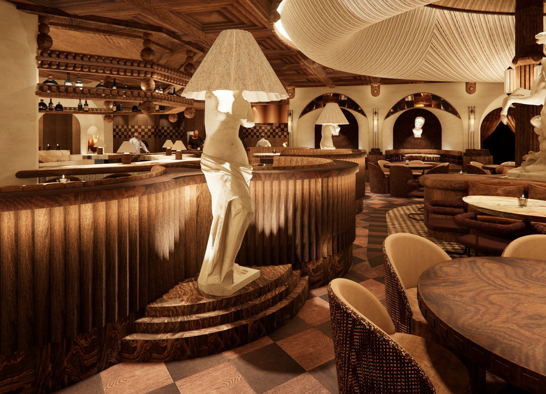 Interior rendering of Roman God of Fire in Tempe, showing monumental classical statues, dark fluted columns, curved banquettes, draped fabric and warm architectural lighting.