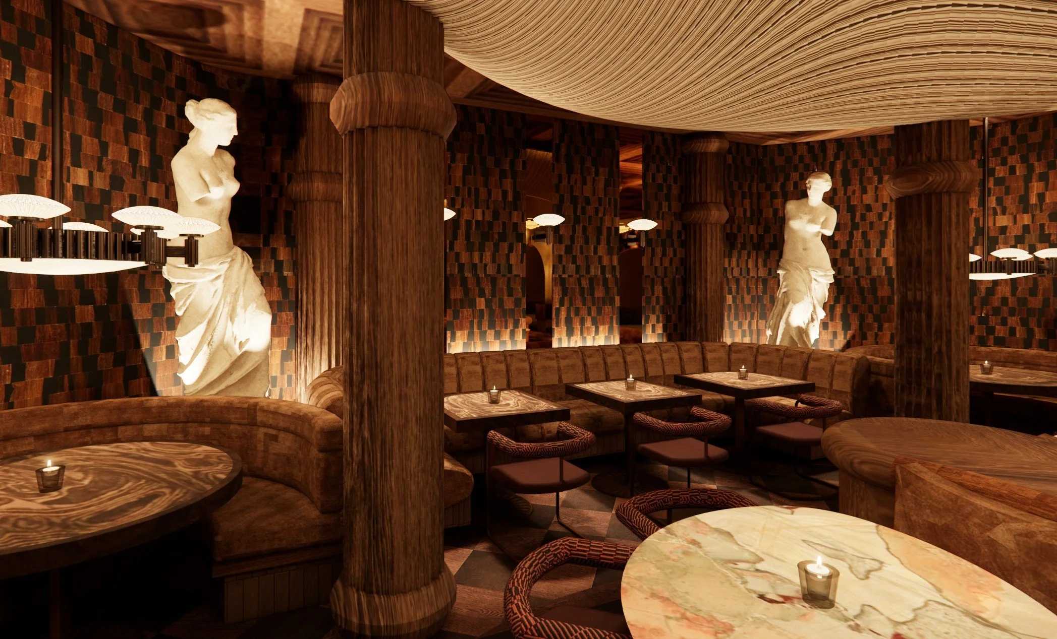 Rendering of Roman God of Fire’s dining room in Tempe, featuring classical Roman sculptures and statues, curved banquettes, monumental columns and a dramatic fabric canopy.