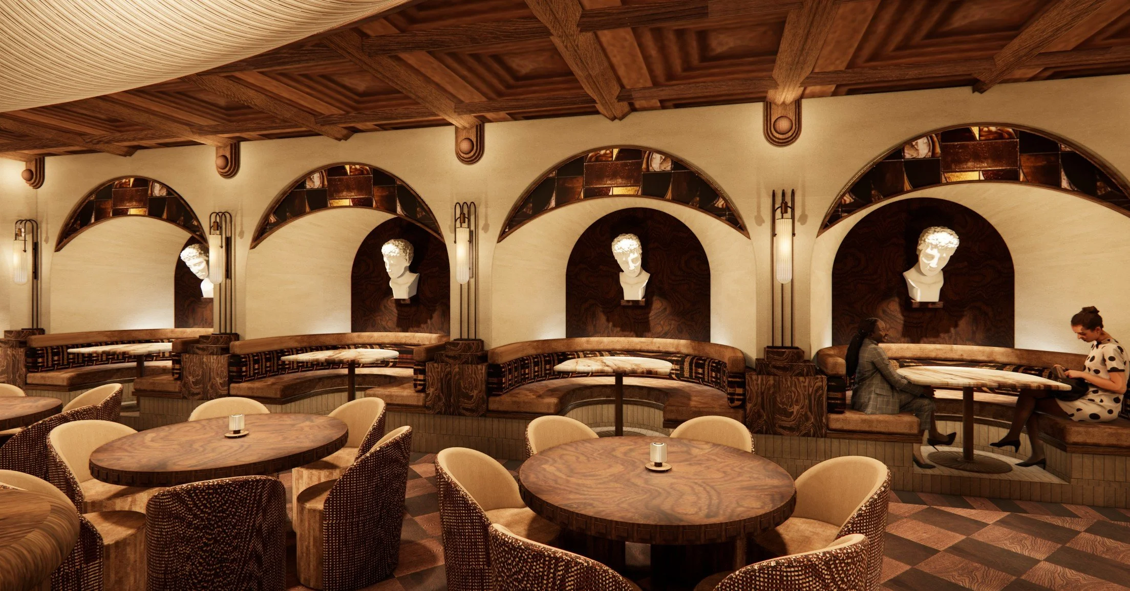 Dining room at Roman God of Fire in Tempe, designed by Peter Bowden and PETERMAX with monumental classical sculptures, dark fluted columns, curved booths, marble-topped tables and warm architectural lighting.