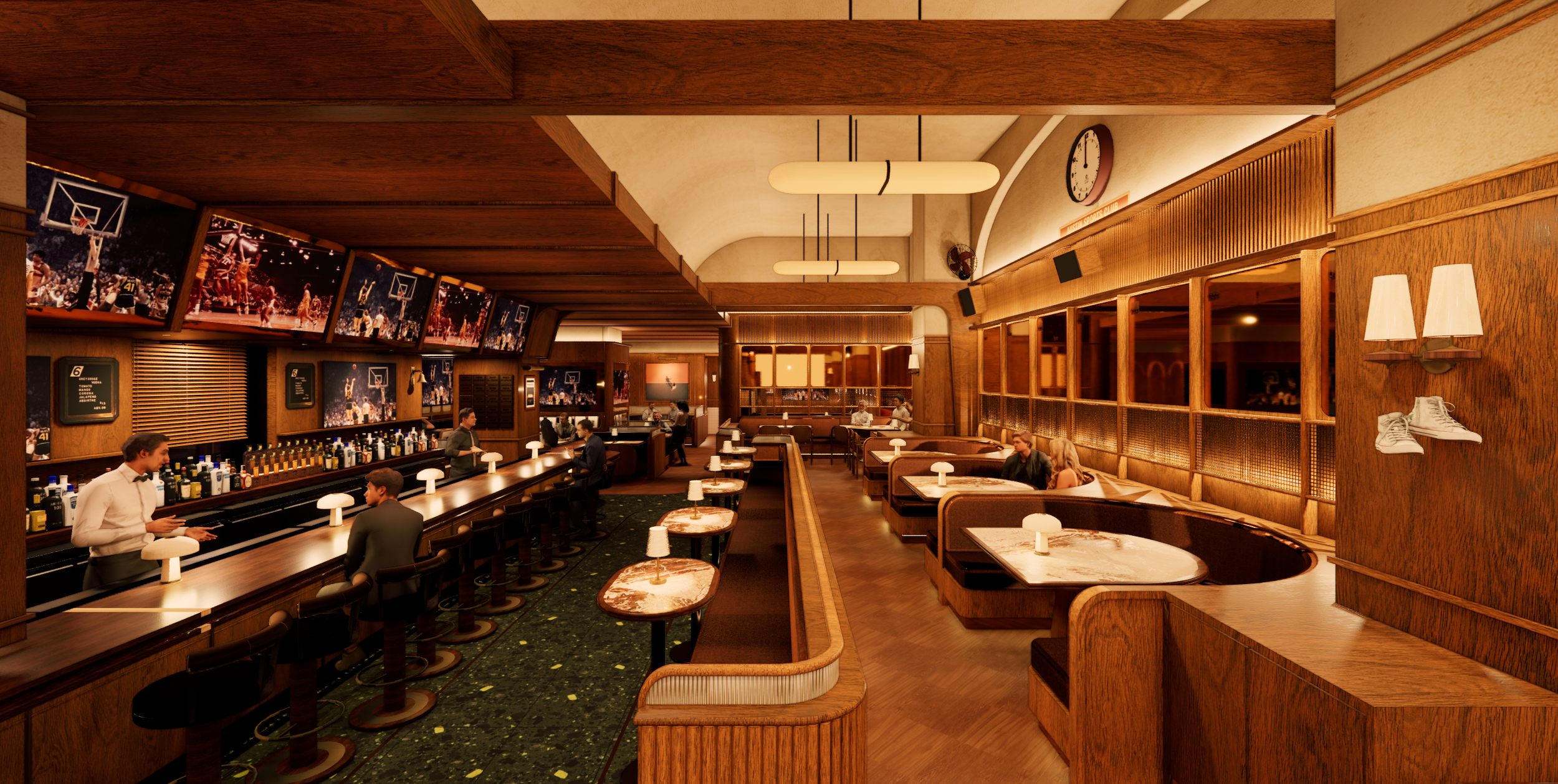 PETERMAX Co. rendering of Austin Sports Club showing its wood-paneled bar, raised dining booths, custom millwork and televisions integrated into the interior architecture.