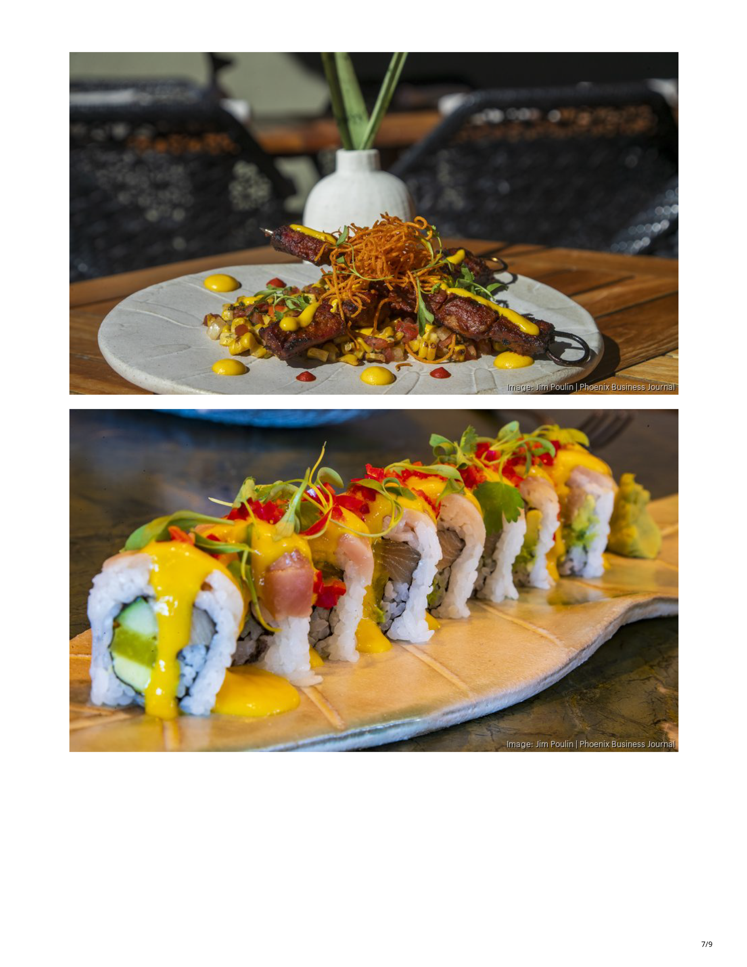 Phoenix Business Journal article about the reimagined Toro Scottsdale, featuring the redesigned restaurant’s curved banquette, central table and tropical bar interior, page 7