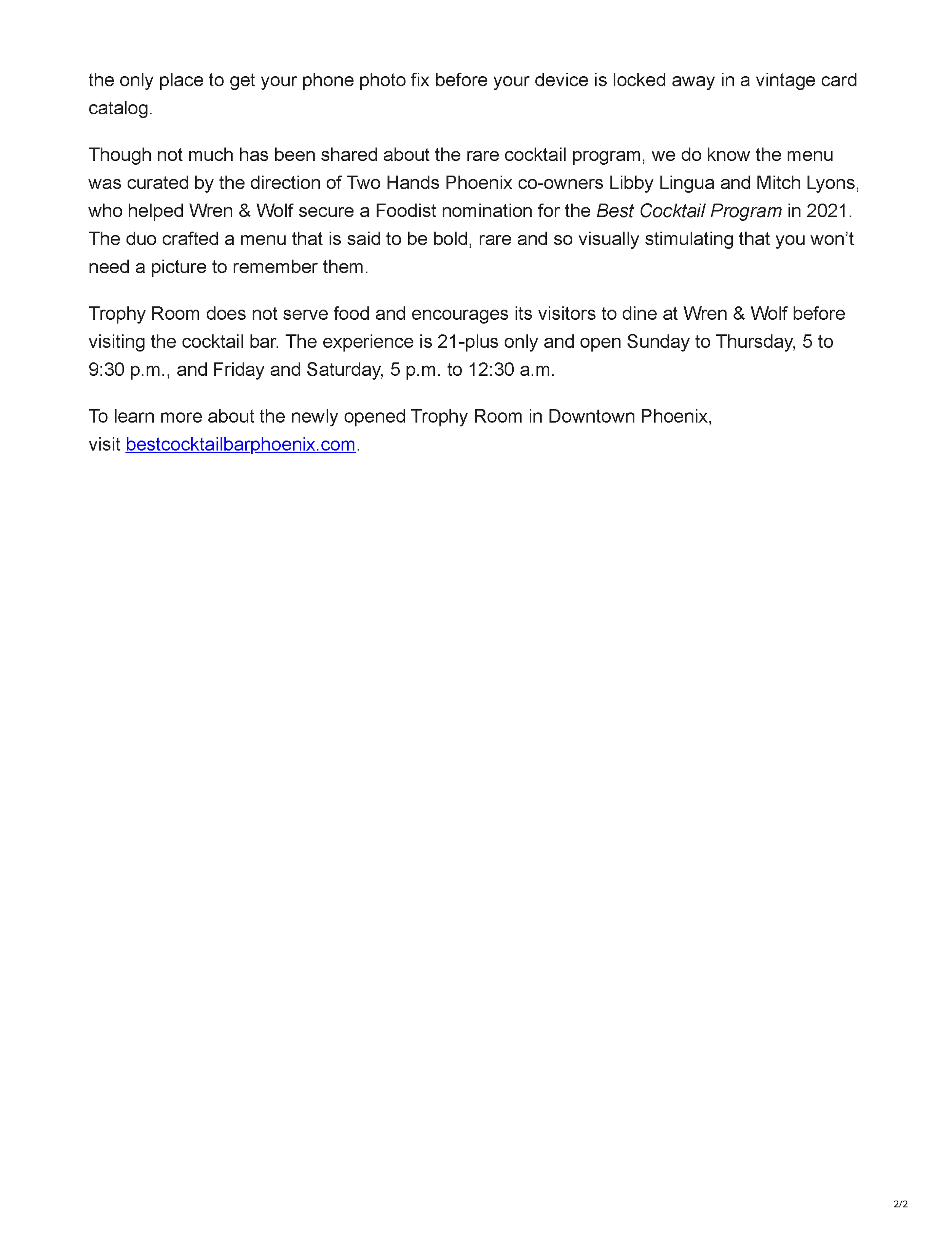 Page 2 of the Fabulous Arizona article titled Trophy Room Opens in Downtown Phoenix, featuring the Trophy Room corridor rendering and opening article text.