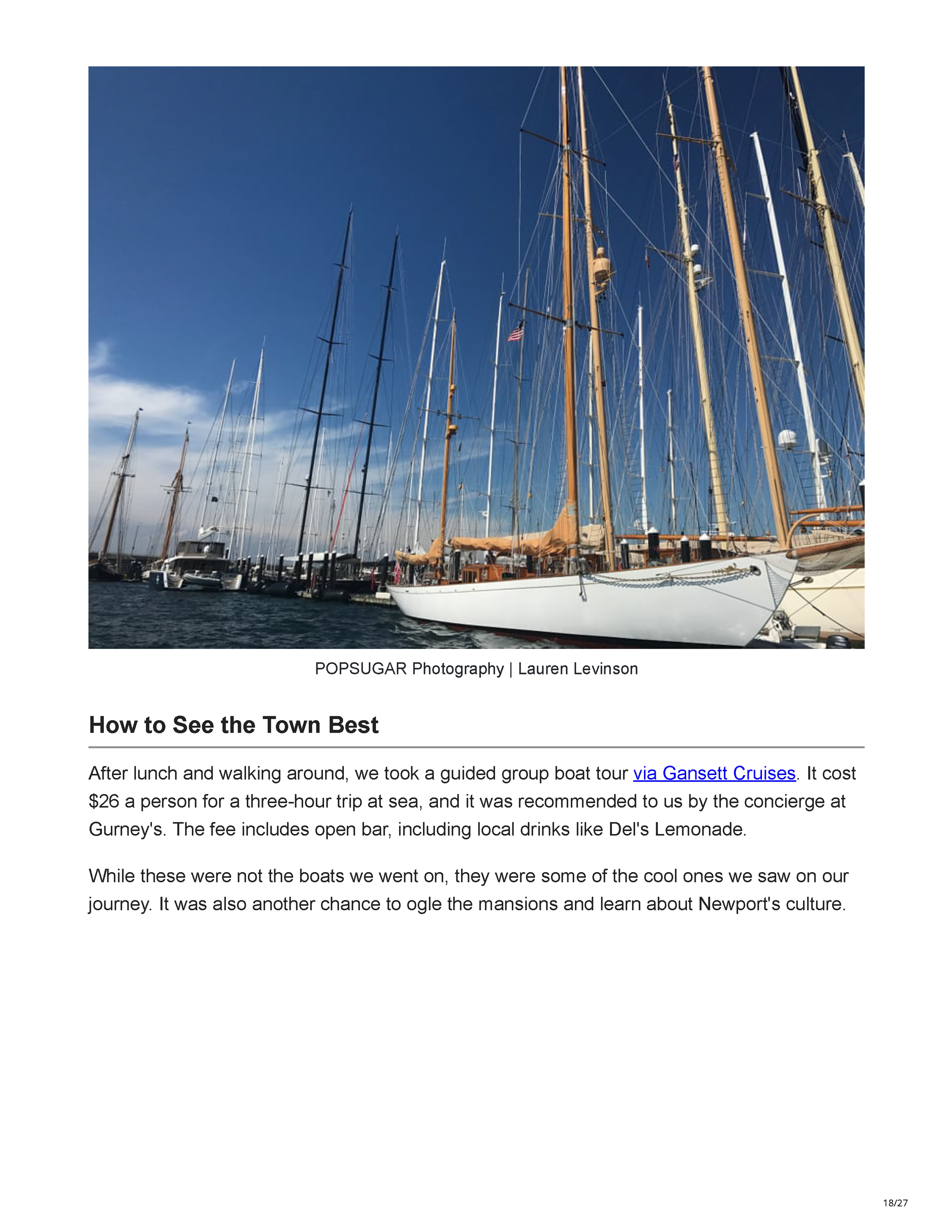 POPSUGAR’s Newport travel feature crediting Peter Max Bowden of PETERMAX Co. with the sophisticated nautical interiors of Gurney’s Newport Resort, page 18