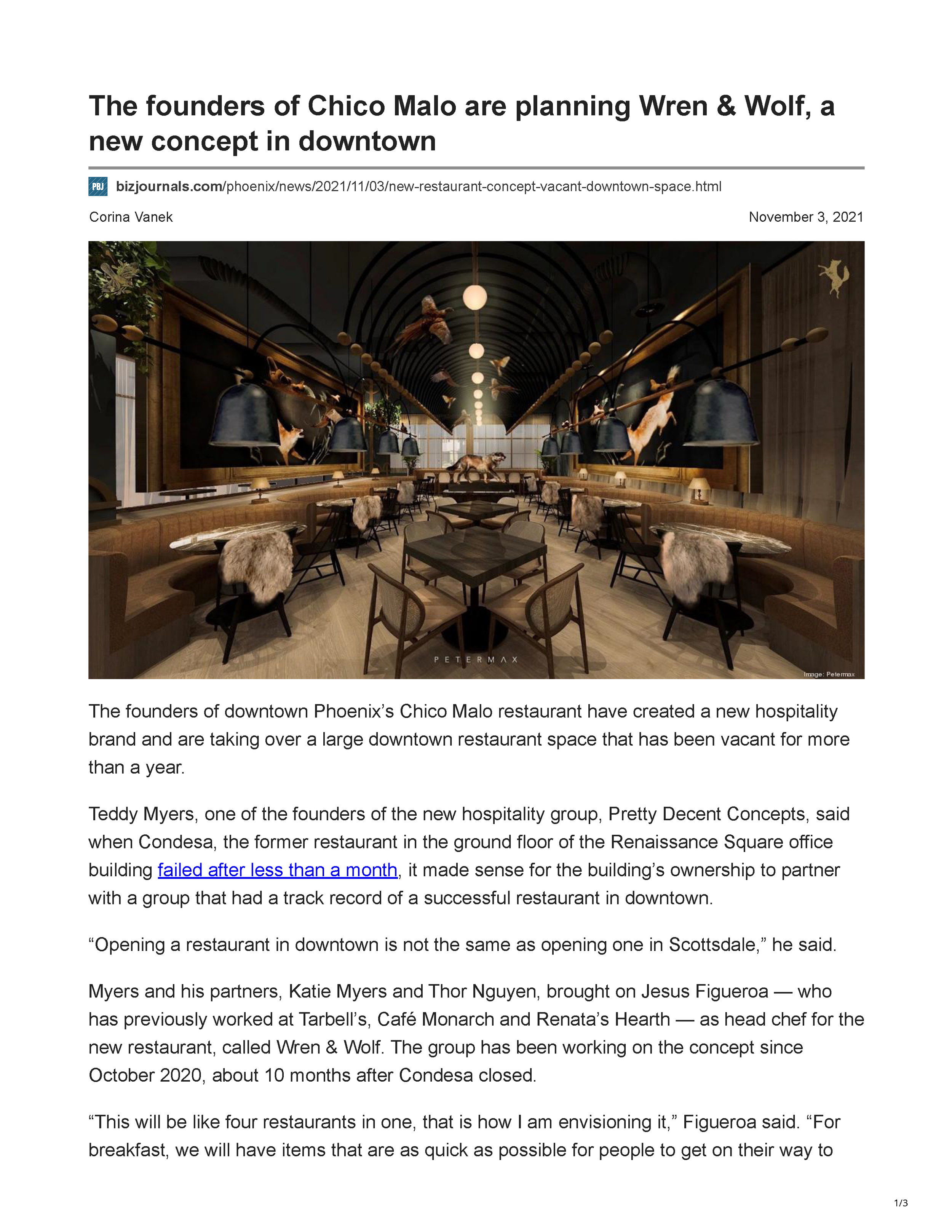 Phoenix Business Journal article page announcing Wren & Wolf, a new Downtown Phoenix restaurant concept from the founders of Chico Malo, featuring an interior rendering designed by Peter Bowden, page 1.