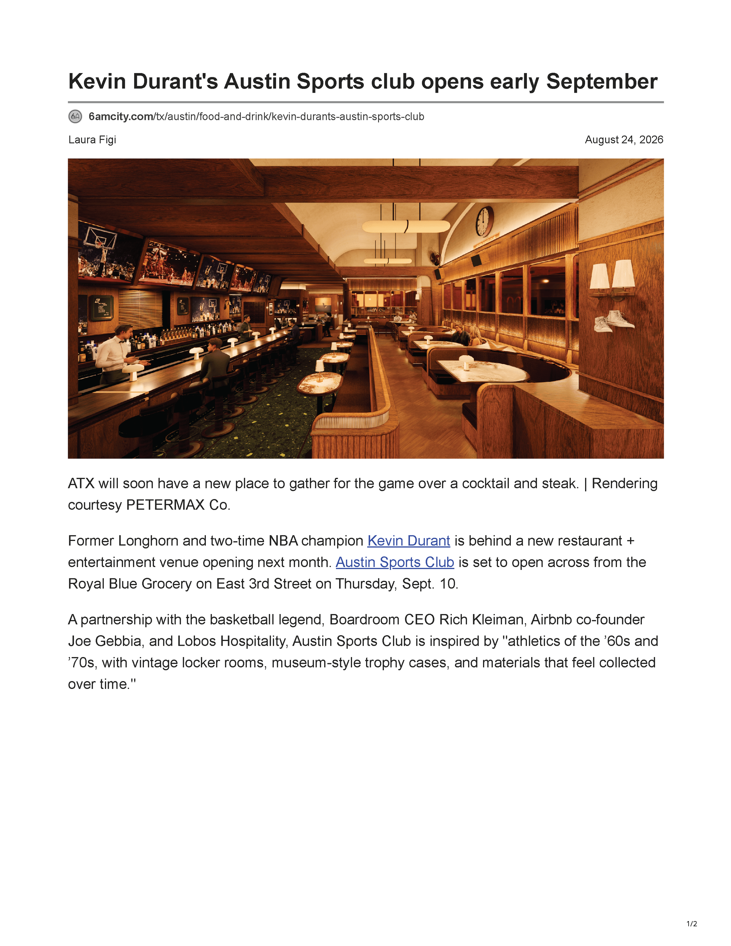6AM City article previewing Kevin Durant’s Austin Sports Club with PETERMAX Co. interior renderings of the new downtown Austin restaurant and entertainment venue, page 1.