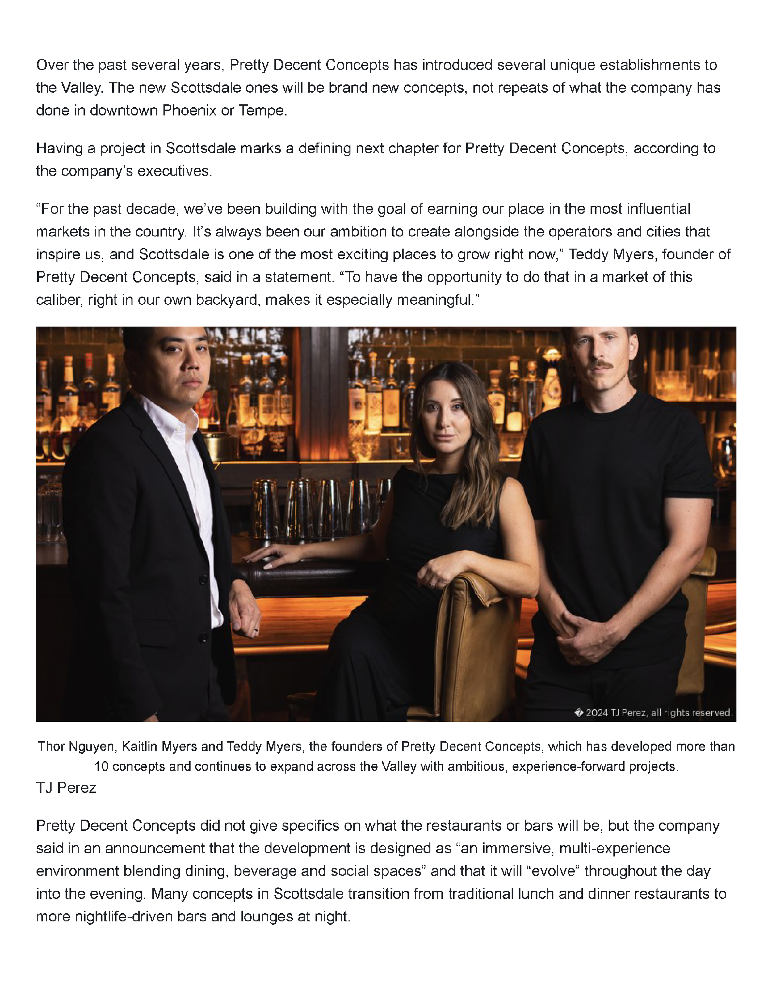 Second page of the Phoenix Business Journal article describing Pretty Decent Concepts’ Scottsdale expansion and plans for an immersive destination combining dining, beverage and social spaces.