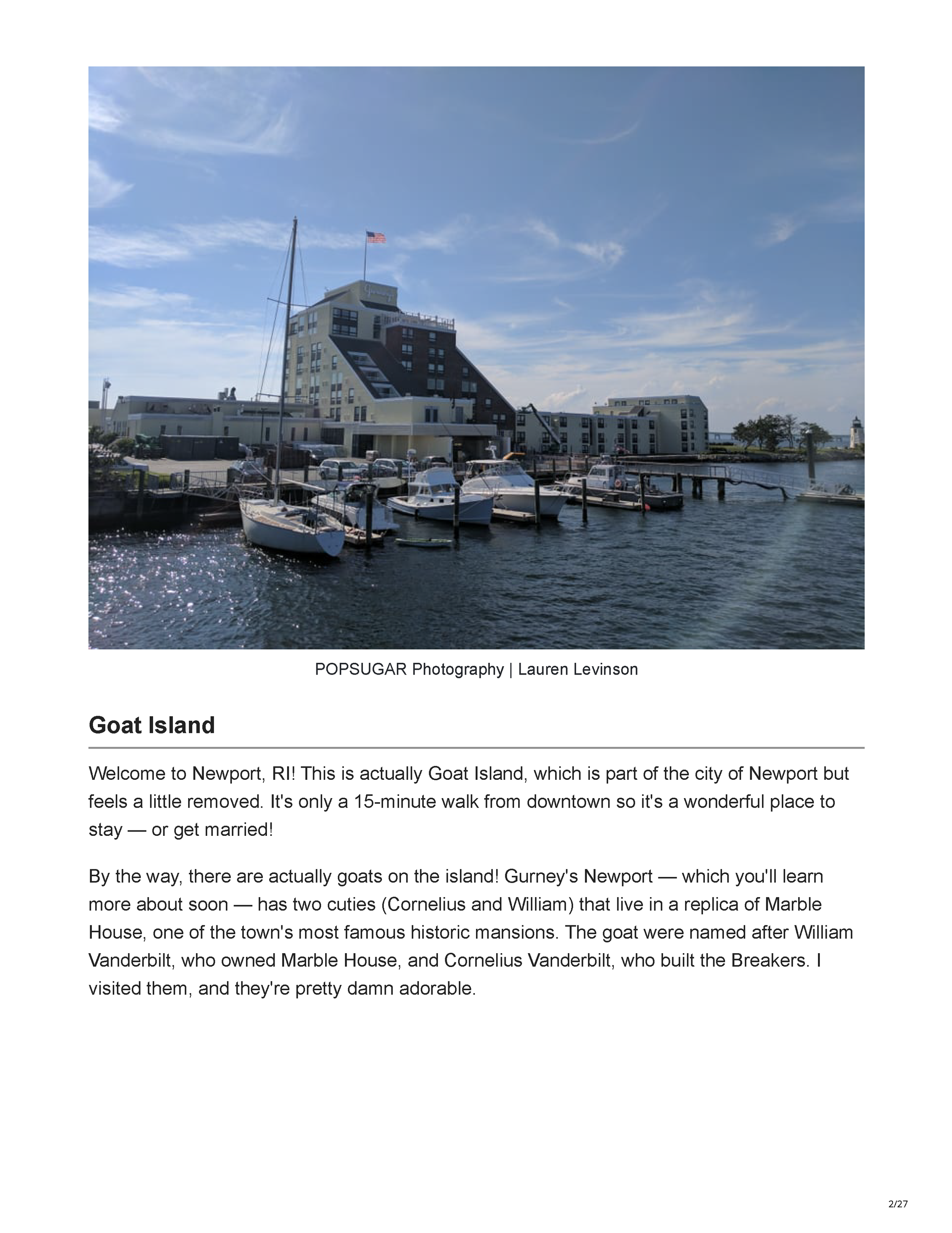 POPSUGAR’s Newport travel feature crediting Peter Max Bowden of PETERMAX Co. with the sophisticated nautical interiors of Gurney’s Newport Resort, page 2