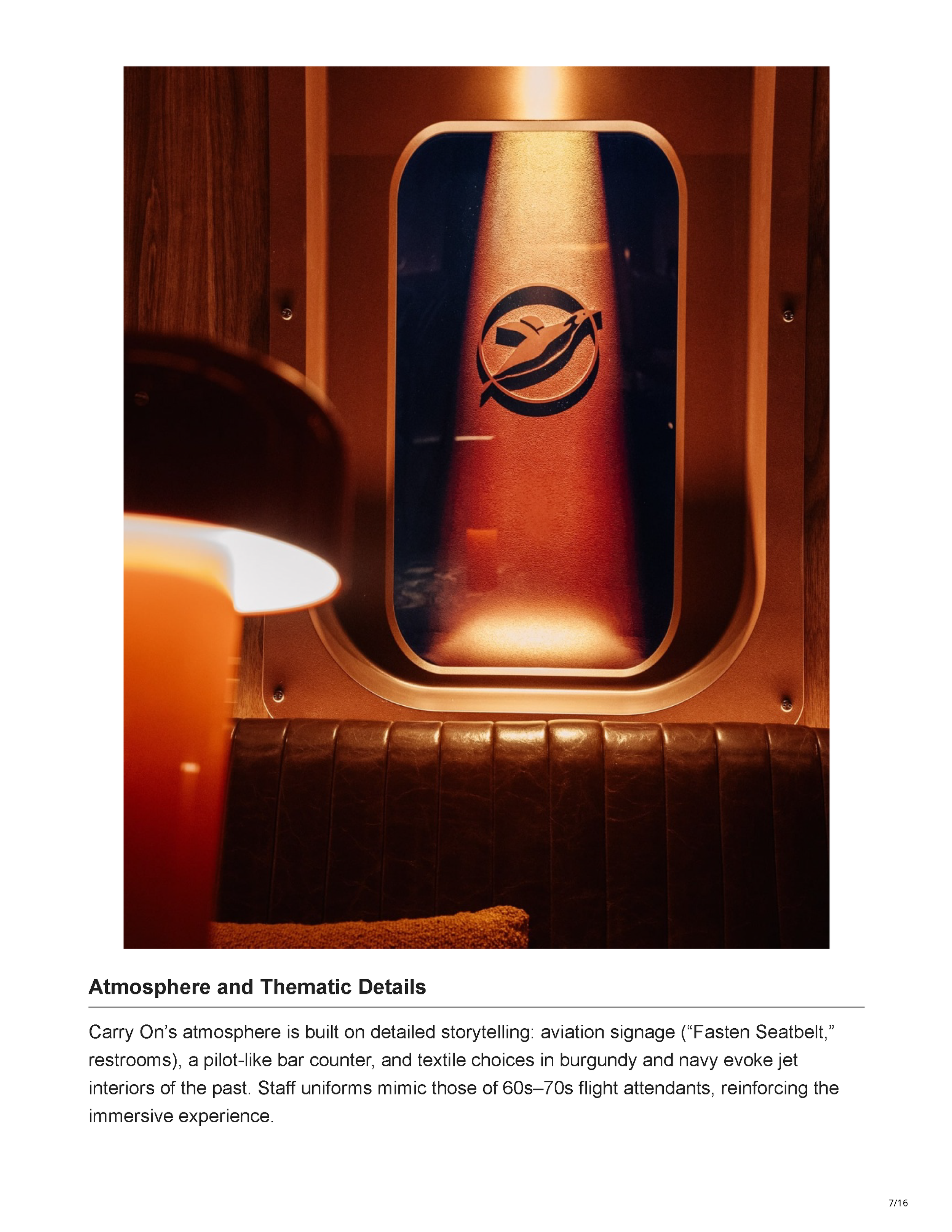 HoReCa Furniture feature on Peter Bowden’s Carry On bar design in Phoenix, exploring its retro-futurist aviation concept, materials, lighting, technology, and custom interior details, page 7