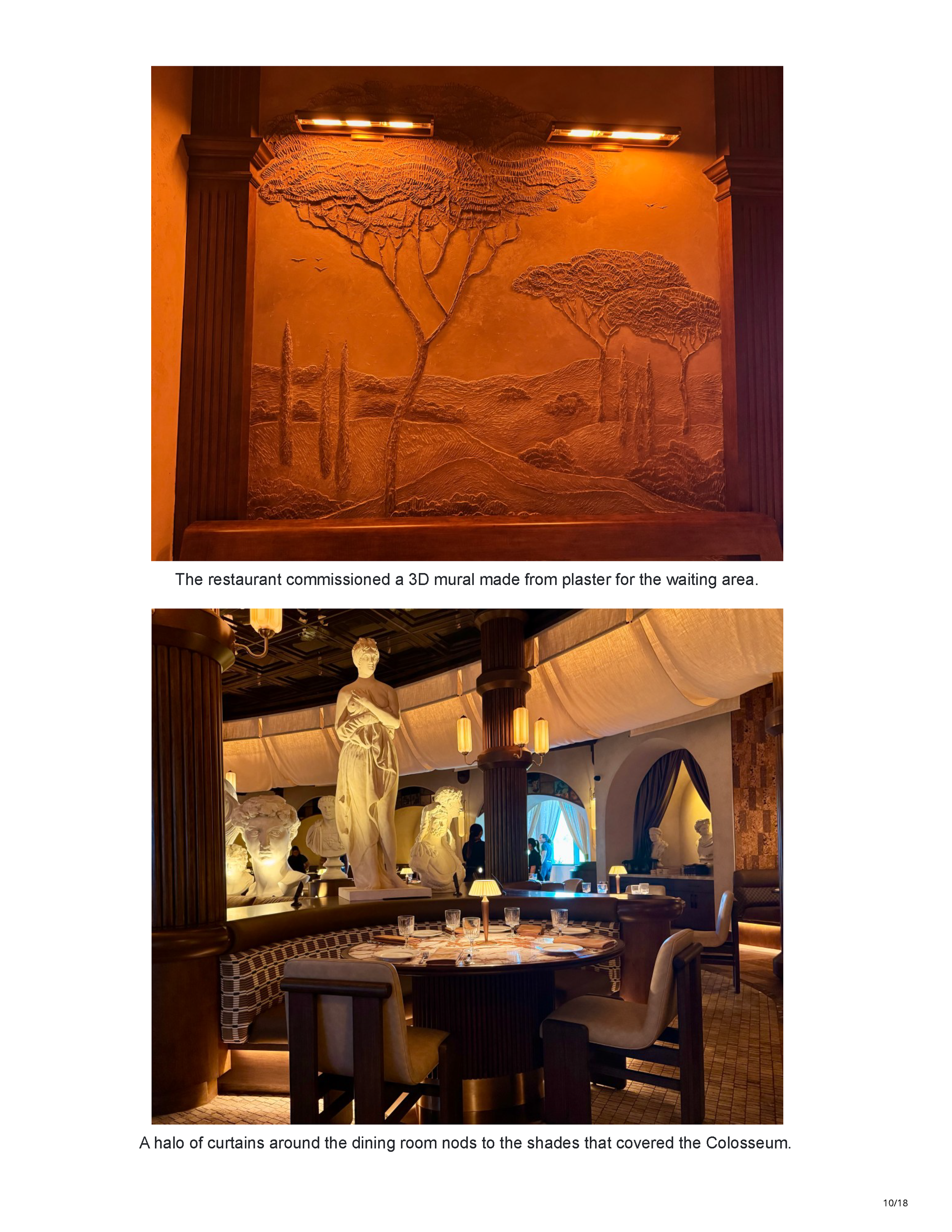 Tenth page of the Phoenix New Times feature showing a commissioned plaster mural and the Colosseum-inspired curtain canopy surrounding the dining room.