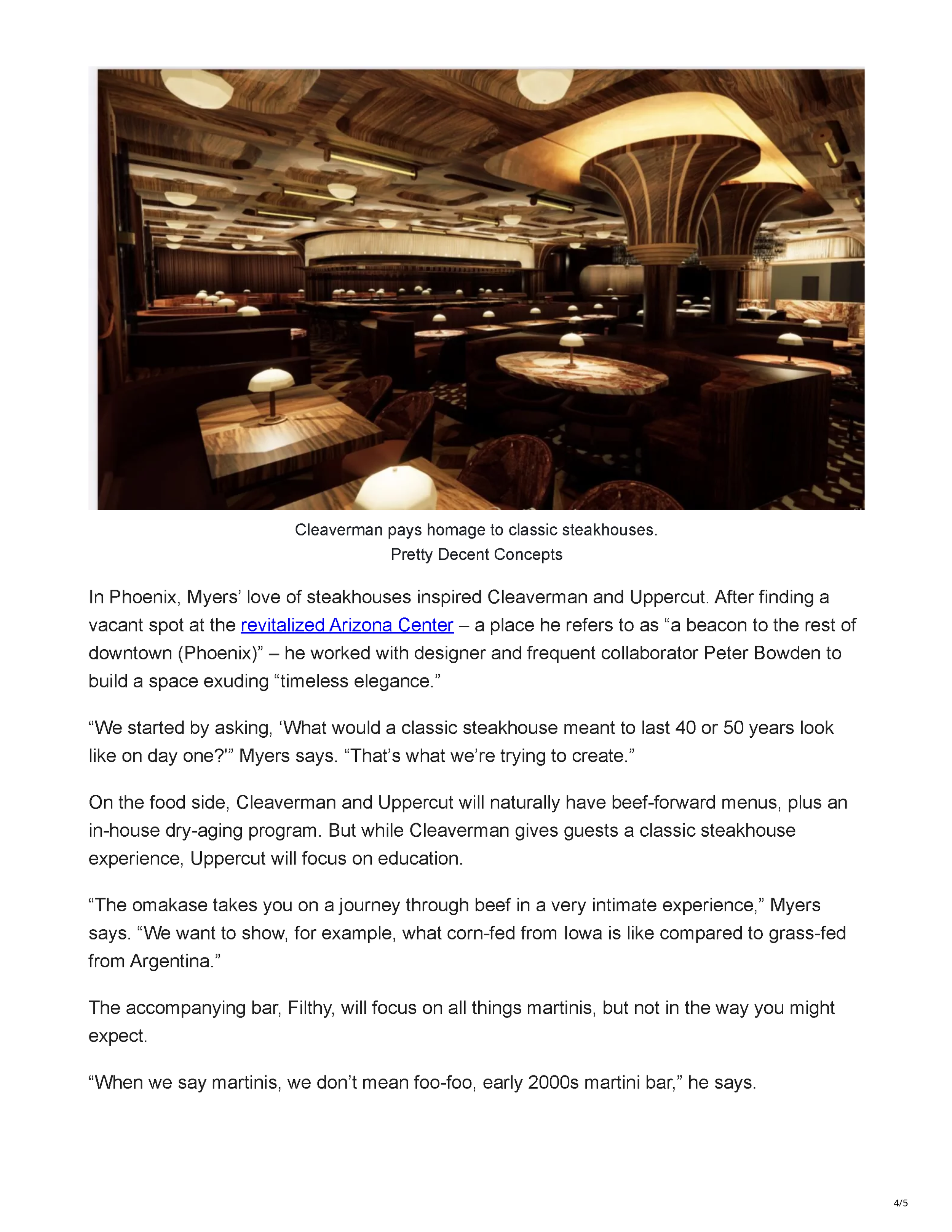 Phoenix New Times article page announcing Pretty Decent Concepts’ five planned Phoenix and Tempe restaurants and bars, featuring a rendering of a tropical, 1970s-inspired restaurant interior, page 4.