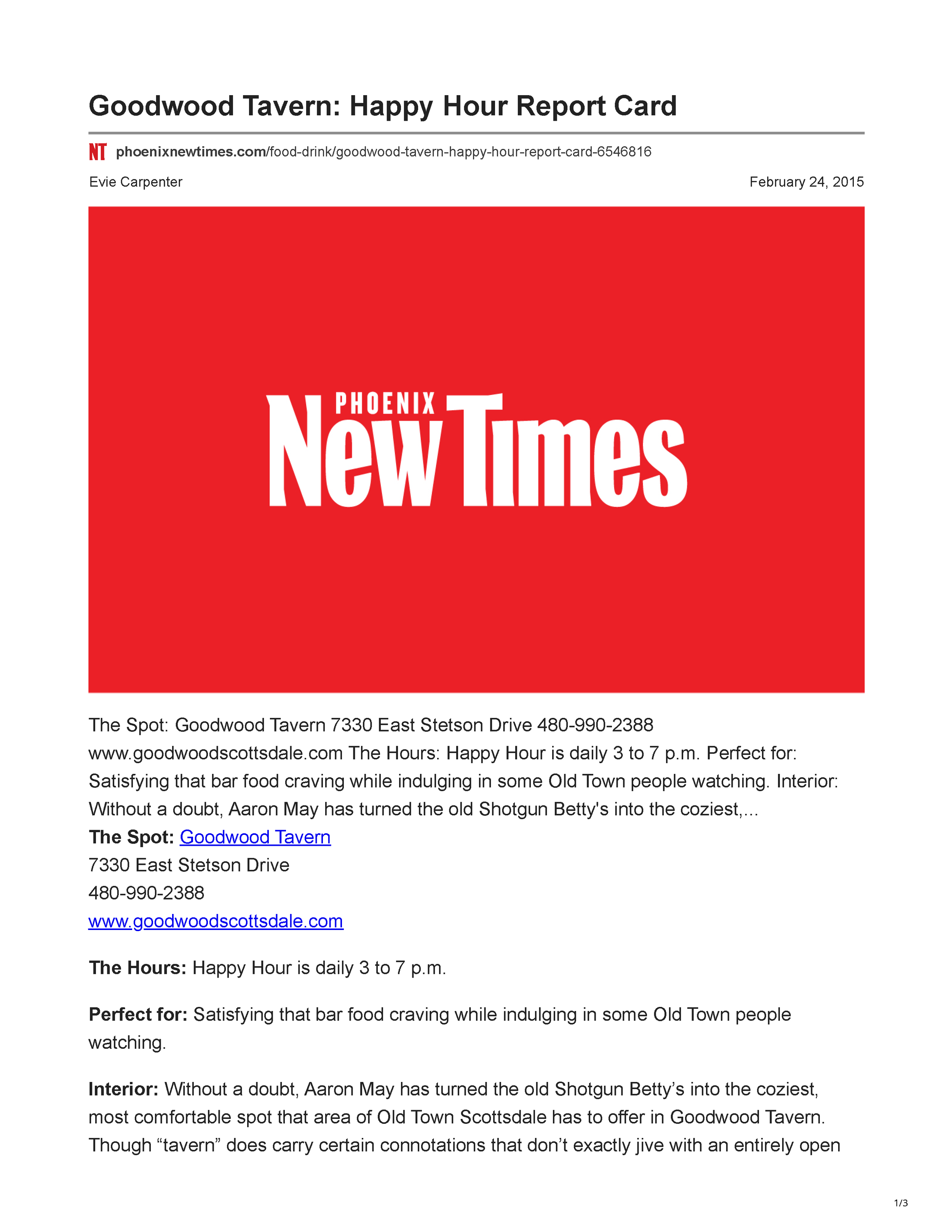First page of the Phoenix New Times article “Goodwood Tavern: Happy Hour Report Card,” introducing the Scottsdale tavern, its daily happy hour and its cozy interior.