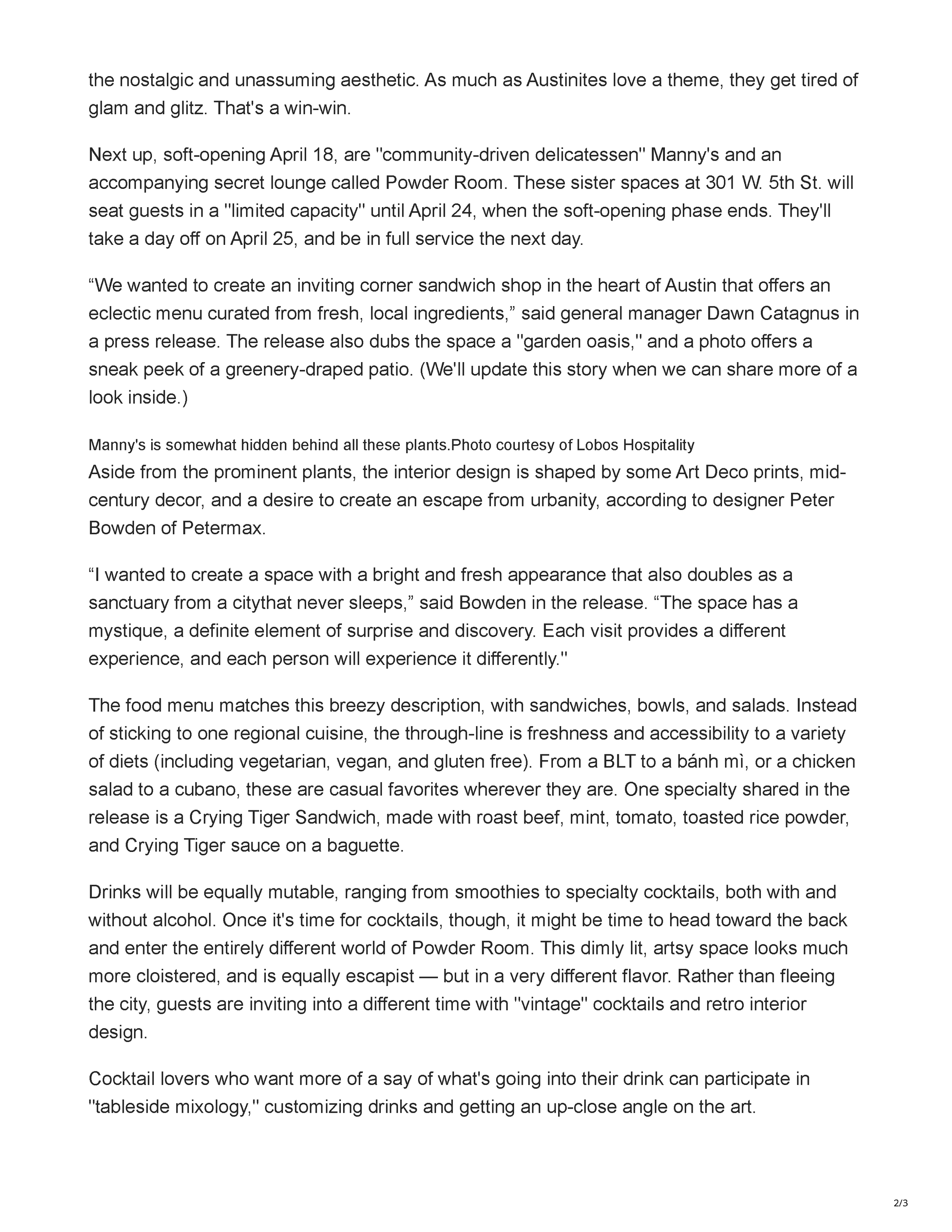 CultureMap Austin article featuring PETERMAX-designed Powder Room cocktail lounge in Downtown Austin, page 2.