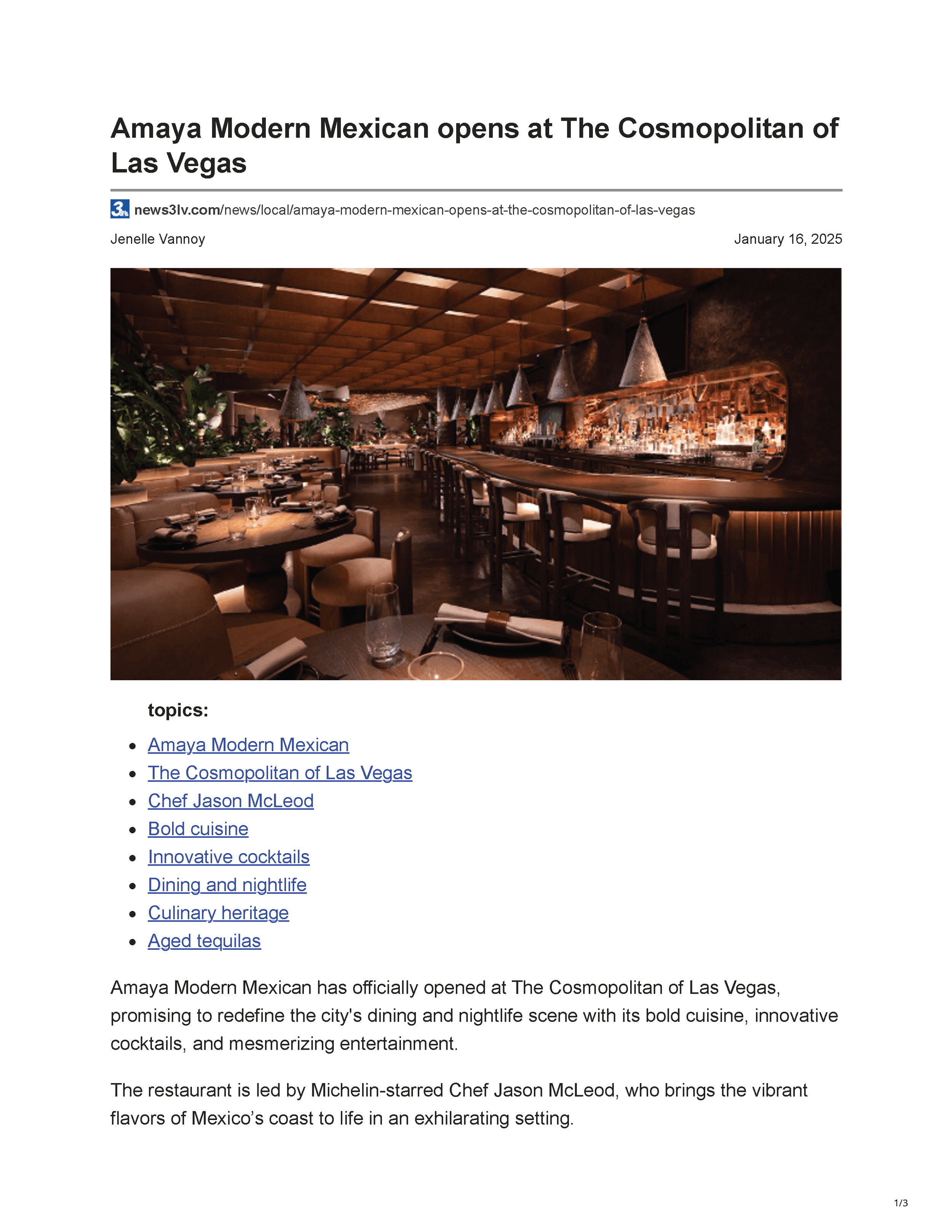 Page one of News3LV’s January 16, 2025 article announcing the opening of Amaya Modern Mexican at The Cosmopolitan of Las Vegas.