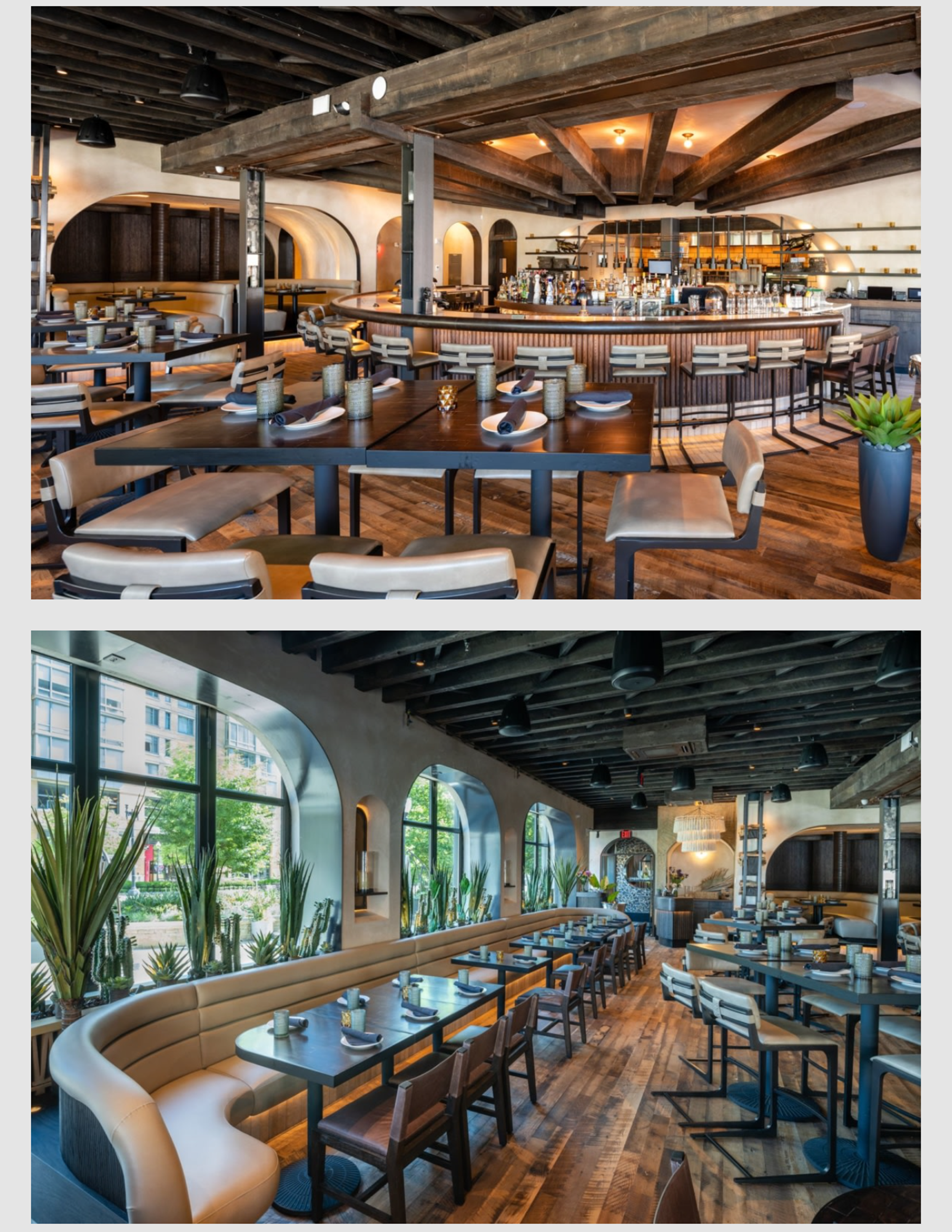 Hospitality Snapshots project page featuring dLeña, a modern Mexican restaurant in Washington, DC, with a photograph of its warm wood-paneled interior and circular bar, page 4.