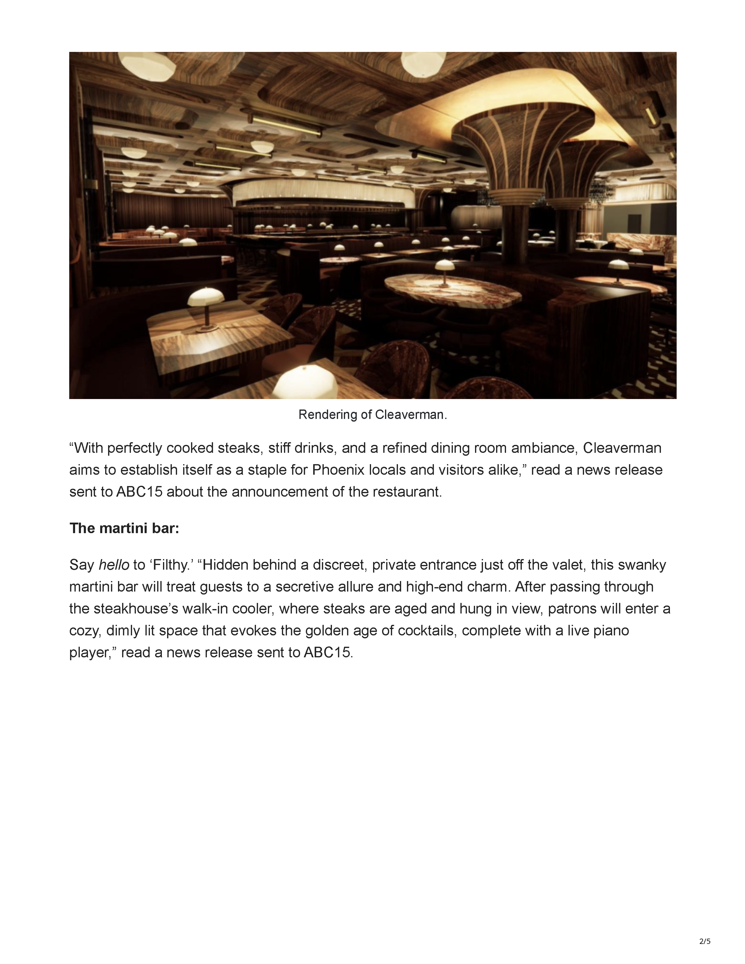 Page 2 of the ABC15 article announcing Cleaverman, Filthy and a new upscale dining concept at Arizona Center in Phoenix.