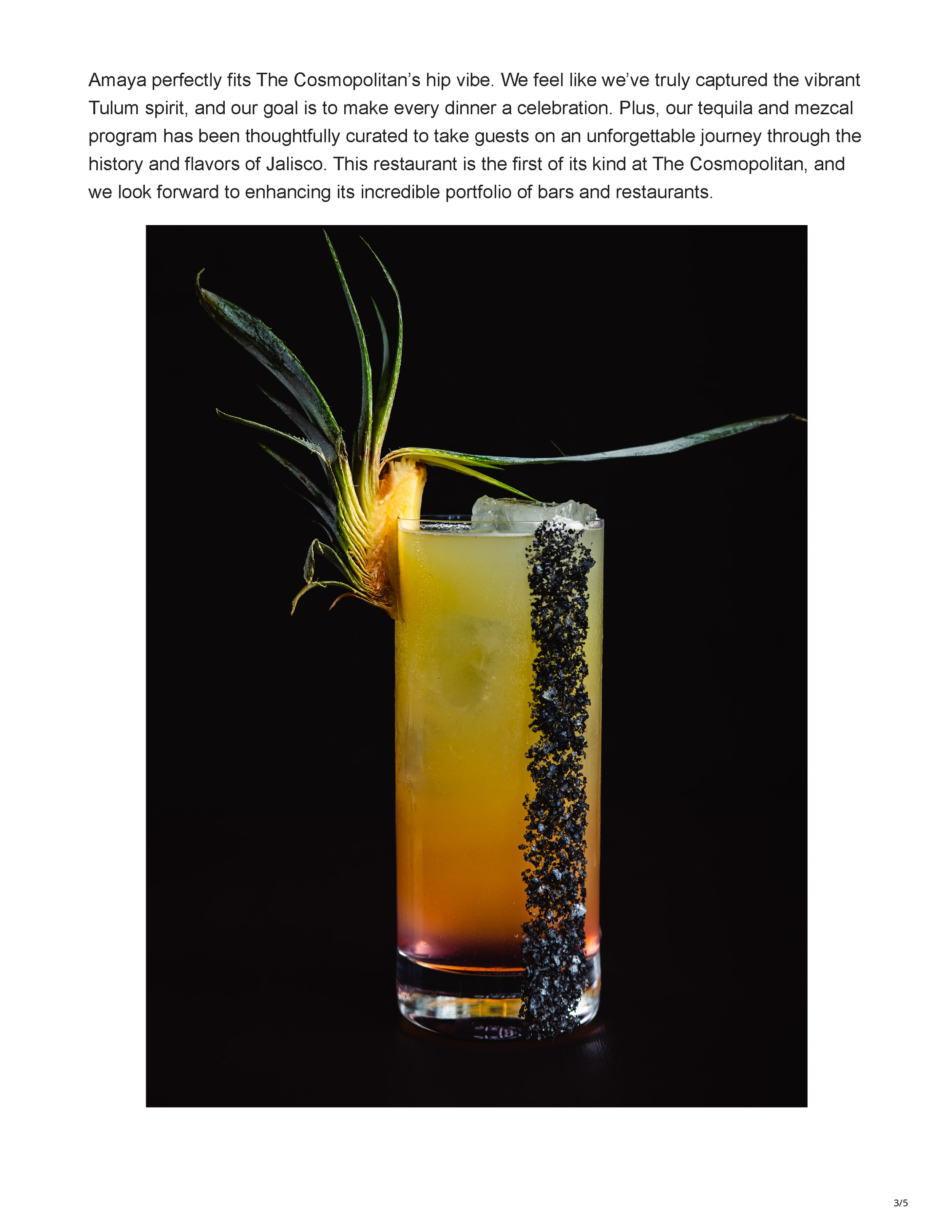 Modern Luxury article page announcing the opening of Amaya Modern Mexican at The Cosmopolitan of Las Vegas, featuring a photograph of the restaurant’s warm, curved dining room, page 2.