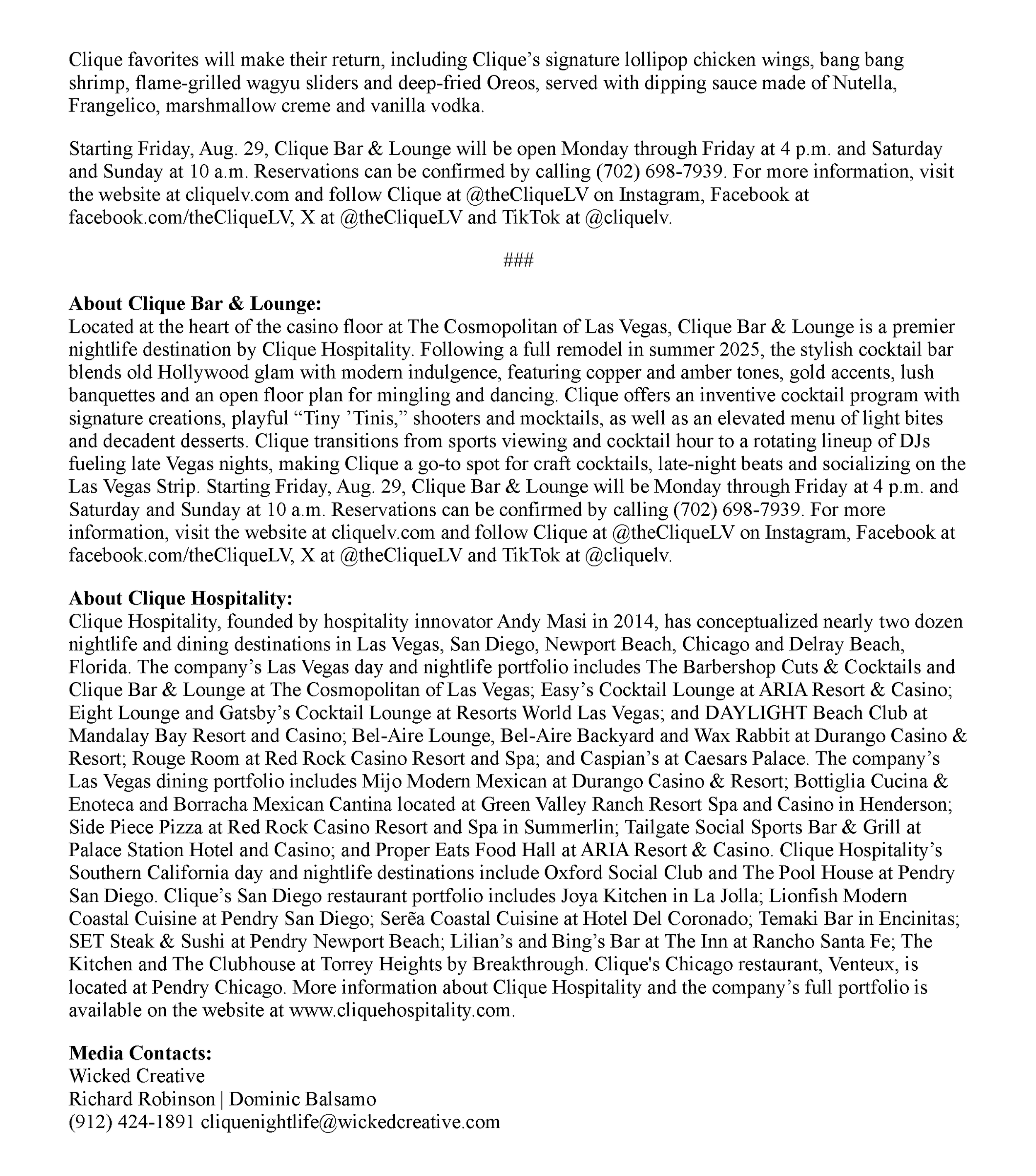 Page two of MGM Resorts’ August 21, 2025 press release announcing the redesigned Clique Bar & Lounge at The Cosmopolitan of Las Vegas.