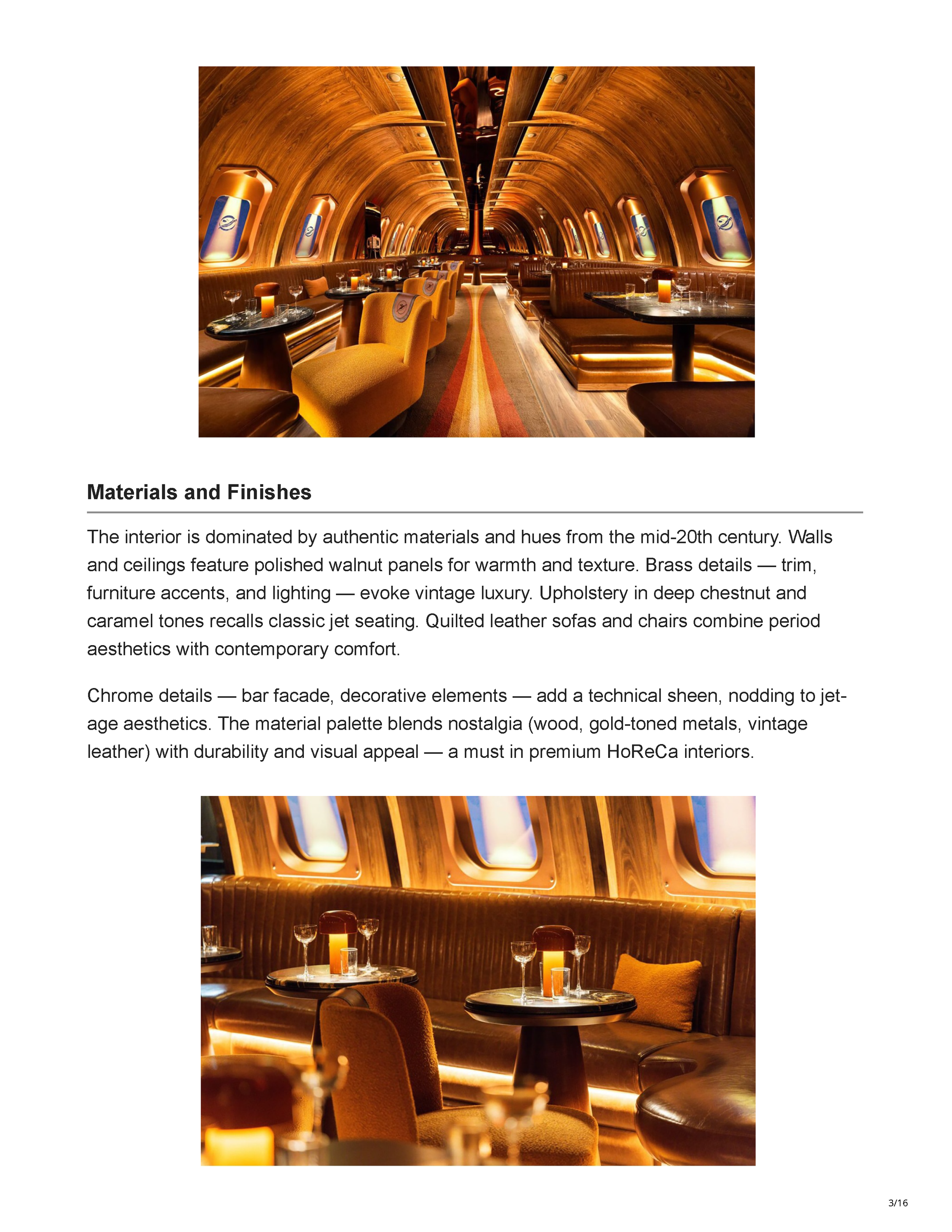 HoReCa Furniture feature on Peter Bowden’s Carry On bar design in Phoenix, exploring its retro-futurist aviation concept, materials, lighting, technology, and custom interior details, page 3
